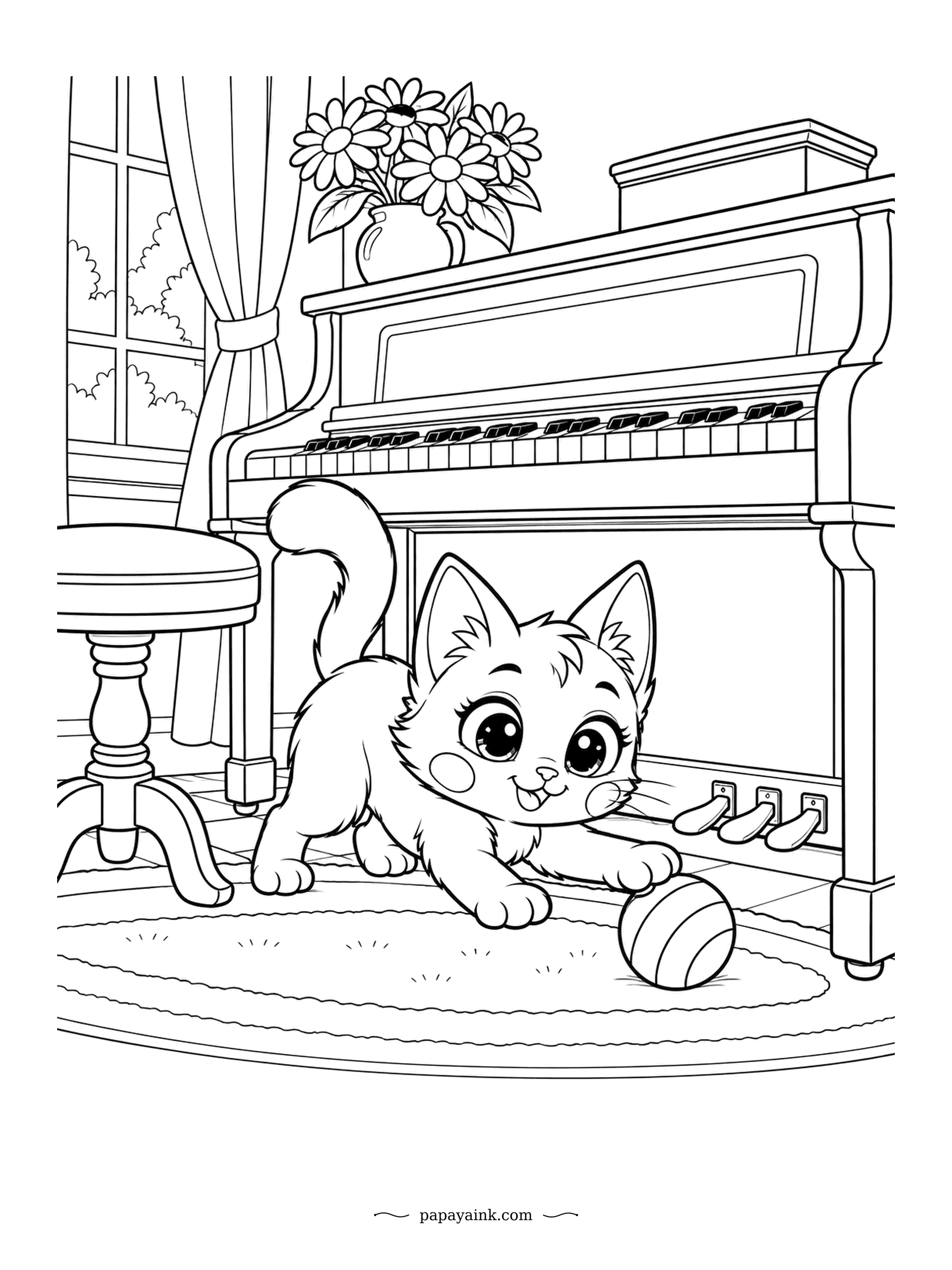 Kawaii Cat Coloring Pages - A ball has rolled toward the piano pedals, and the cat is crouched low to bat it back out. A vase of daisies sits on top of the piano. Warm wood tones and rosy cheeks bring this one to life.