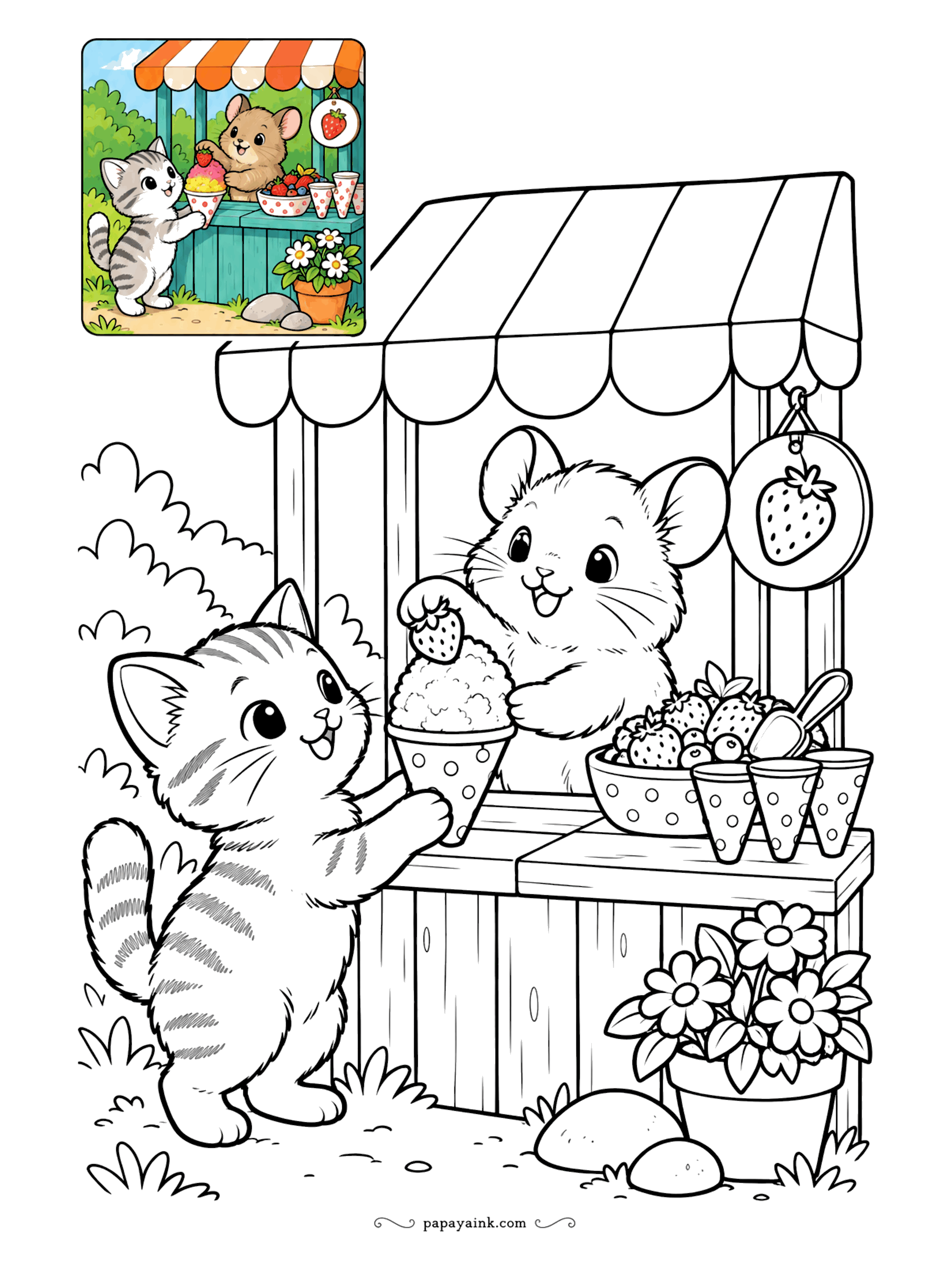 Color Guide Coloring Pages - Shaved ice for a hot day, and the kitten is first in line. The pika at the stand tops each one with a strawberry under a striped awning. Pastel cones, a red-and-white awning and the pika's round ears in warm gray.