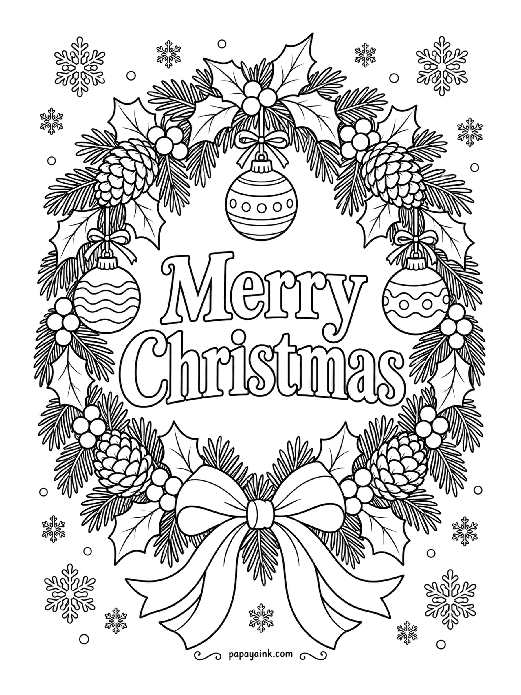 Merry Christmas Coloring Pages - Holly leaves, pinecones and three hanging baubles circle the words, with snowflakes drifting around the outside. Detailed - holly is darker and glossier than fir, so give it its own green and bright red berries.