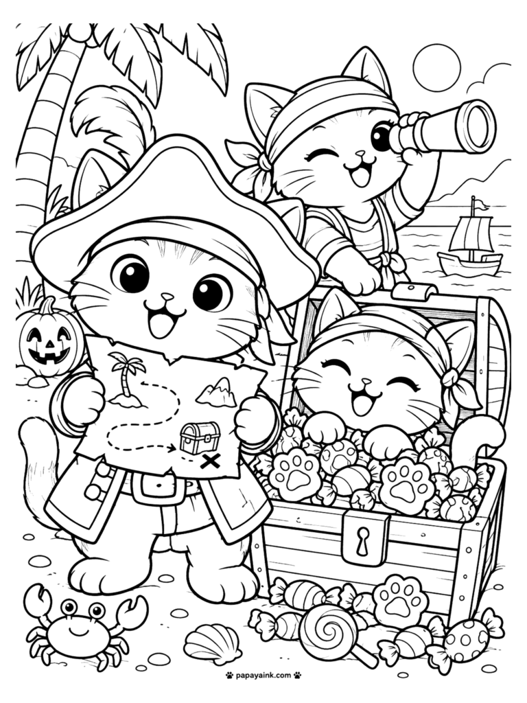 Halloween Cat Coloring Pages - Pirate cats on a Halloween beach with a treasure map, a spyglass, and a chest overflowing with candy. Detailed.