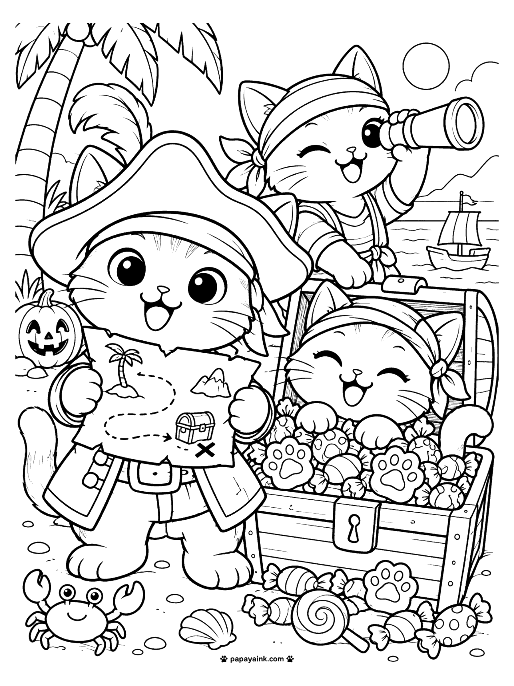 Halloween Cat Coloring Pages - Pirate cats on a Halloween beach with a treasure map, a spyglass, and a chest overflowing with candy. Detailed.