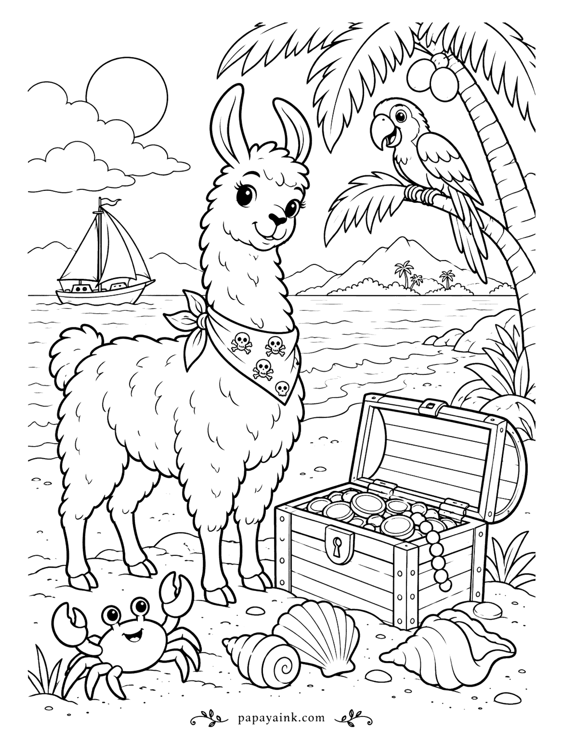 Llama Coloring Pages - Captain Llama, terror of the sandbar. A skull-print bandana, an open chest of gold coins, a parrot first mate in the palm tree and a crab guarding the shells - the ship in the bay can wait. Leave a white spot on each coin and it shines.