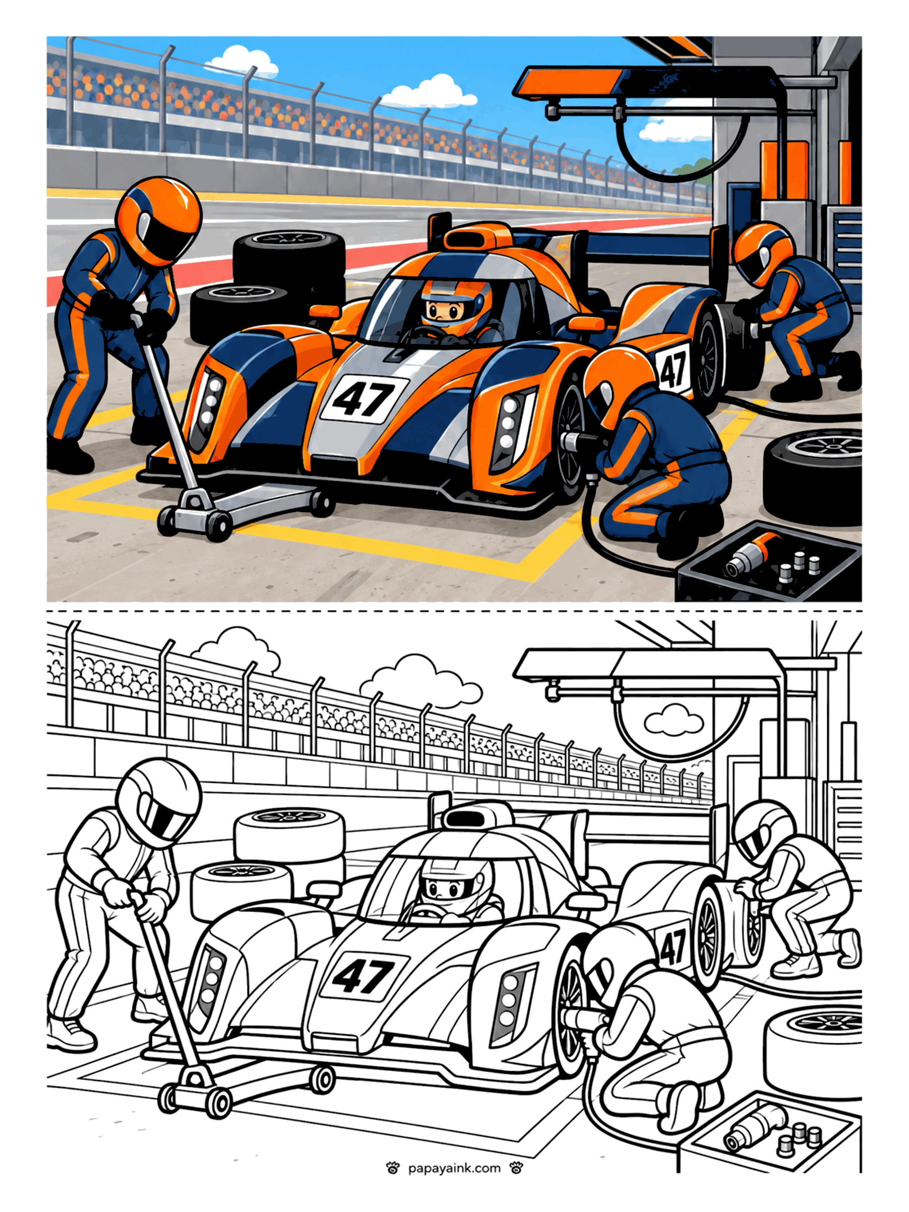 Race Car Coloring Pages - Pit crew members changing tires and fueling an endurance race car during a pit stop. Detailed