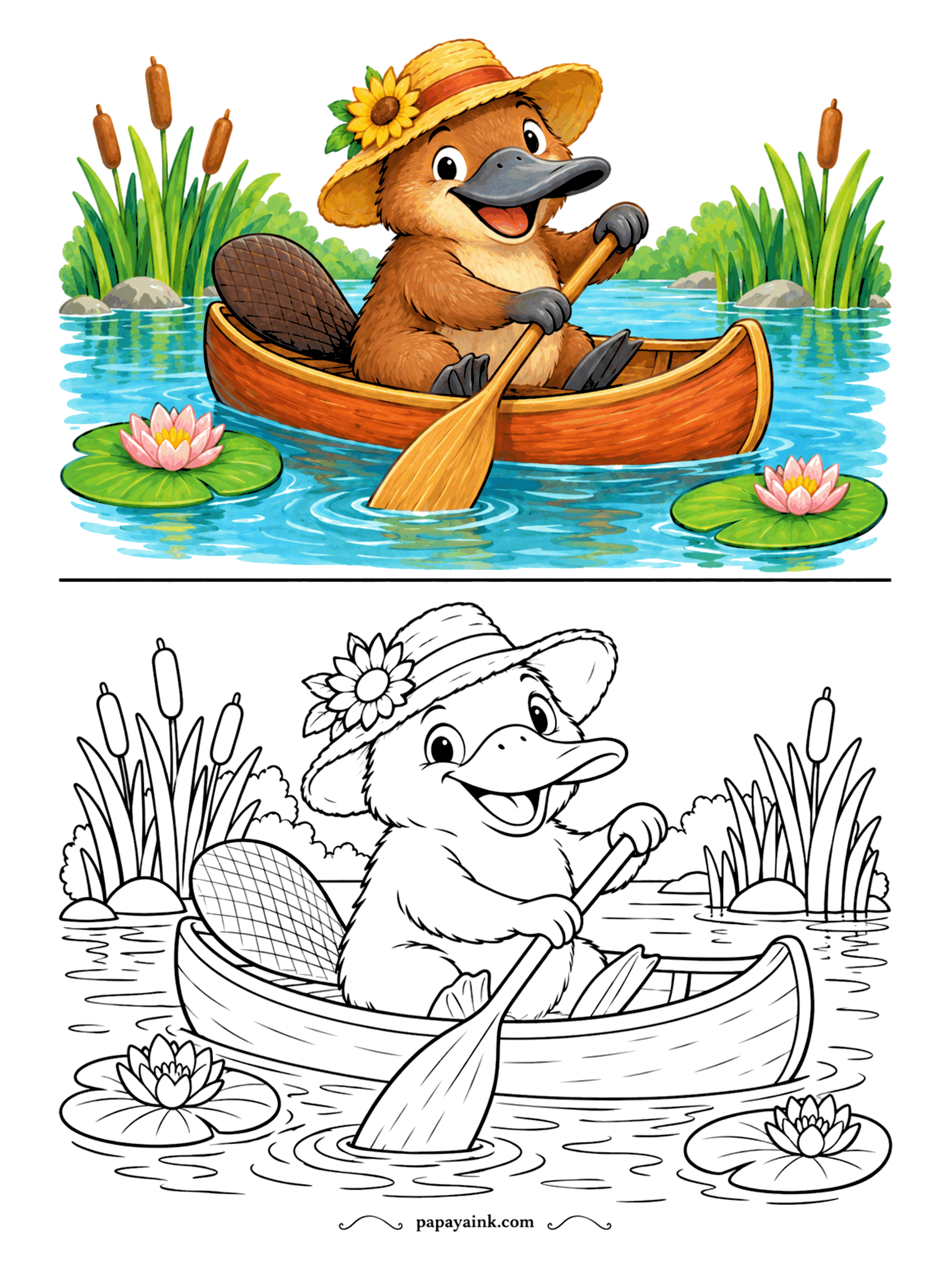 Copy Coloring Pages - A platypus in a sun hat, paddling a wooden canoe through cattails and lily pads. Platypuses are among the very few mammals that lay eggs, and they hunt underwater with their eyes shut. Brown fur, gray bill, a sunflower on the hat.