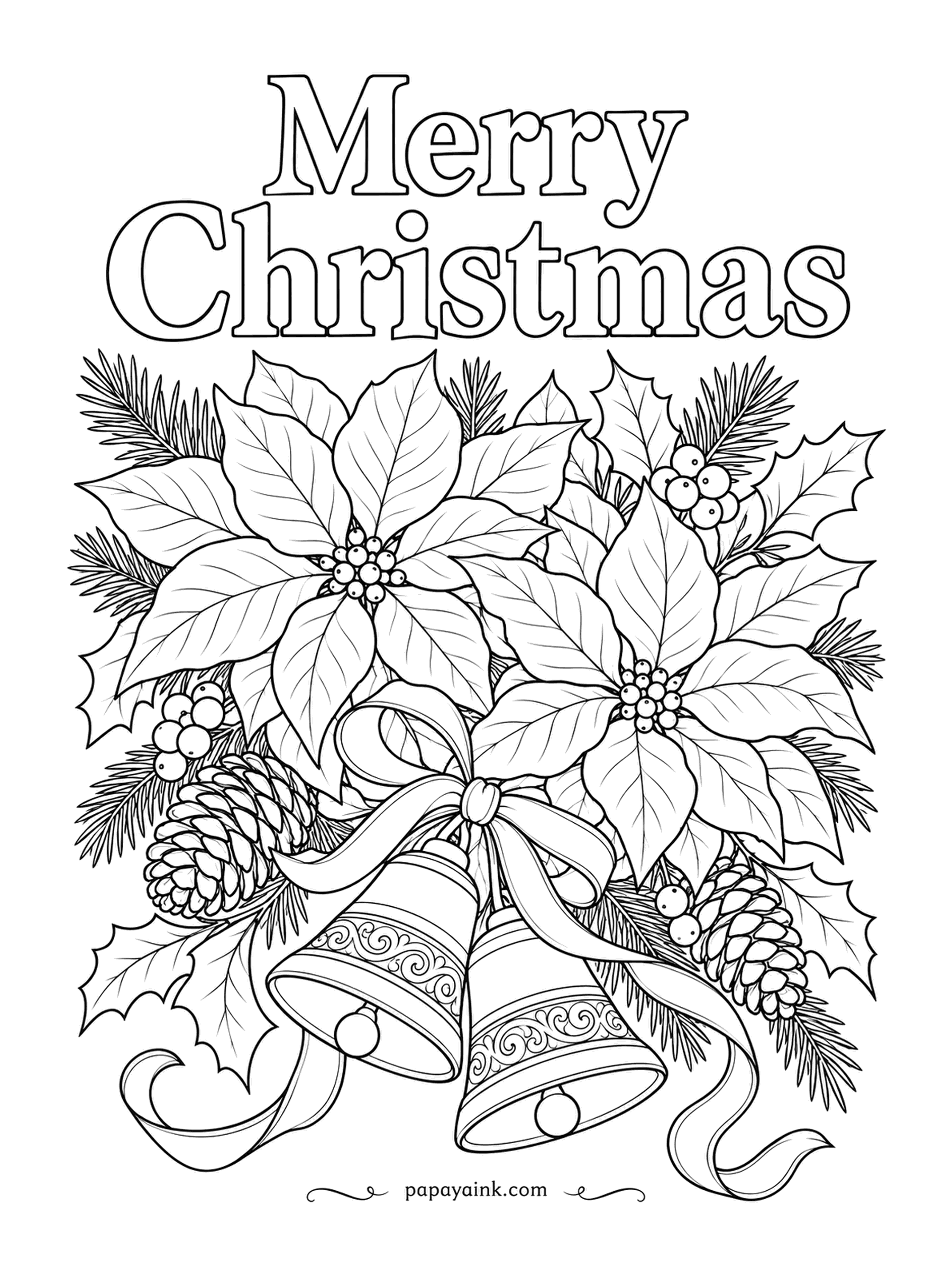 Merry Christmas Coloring Pages - Poinsettias do the heavy lifting here, with two engraved bells and a tangle of ribbon underneath. The red parts are leaves, not petals - the true flowers are the small beads at the center. Detailed - try one bloom in white or pink.