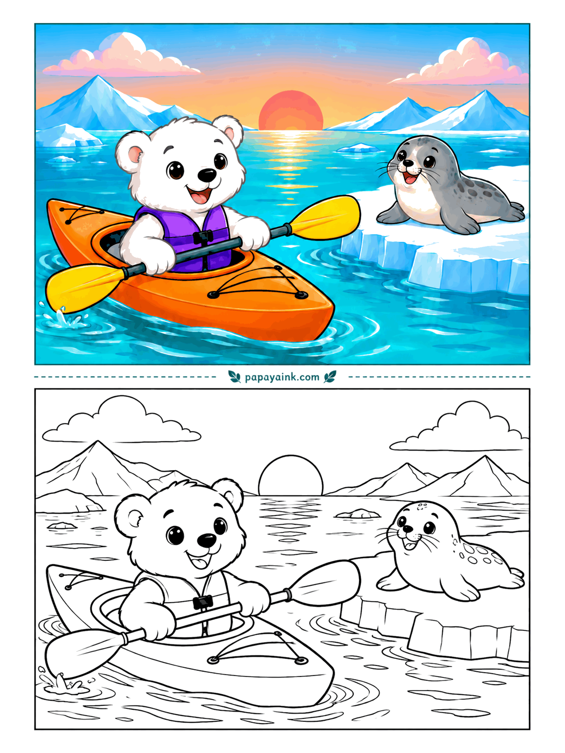 Bear Coloring Pages - Evening traffic in the Arctic: one orange kayak, one polar bear cub in a life vest, one seal on an ice floe checking the paddling technique. The sun sets straight ahead. Sunset colors go in the sky first, then again in the ripples.