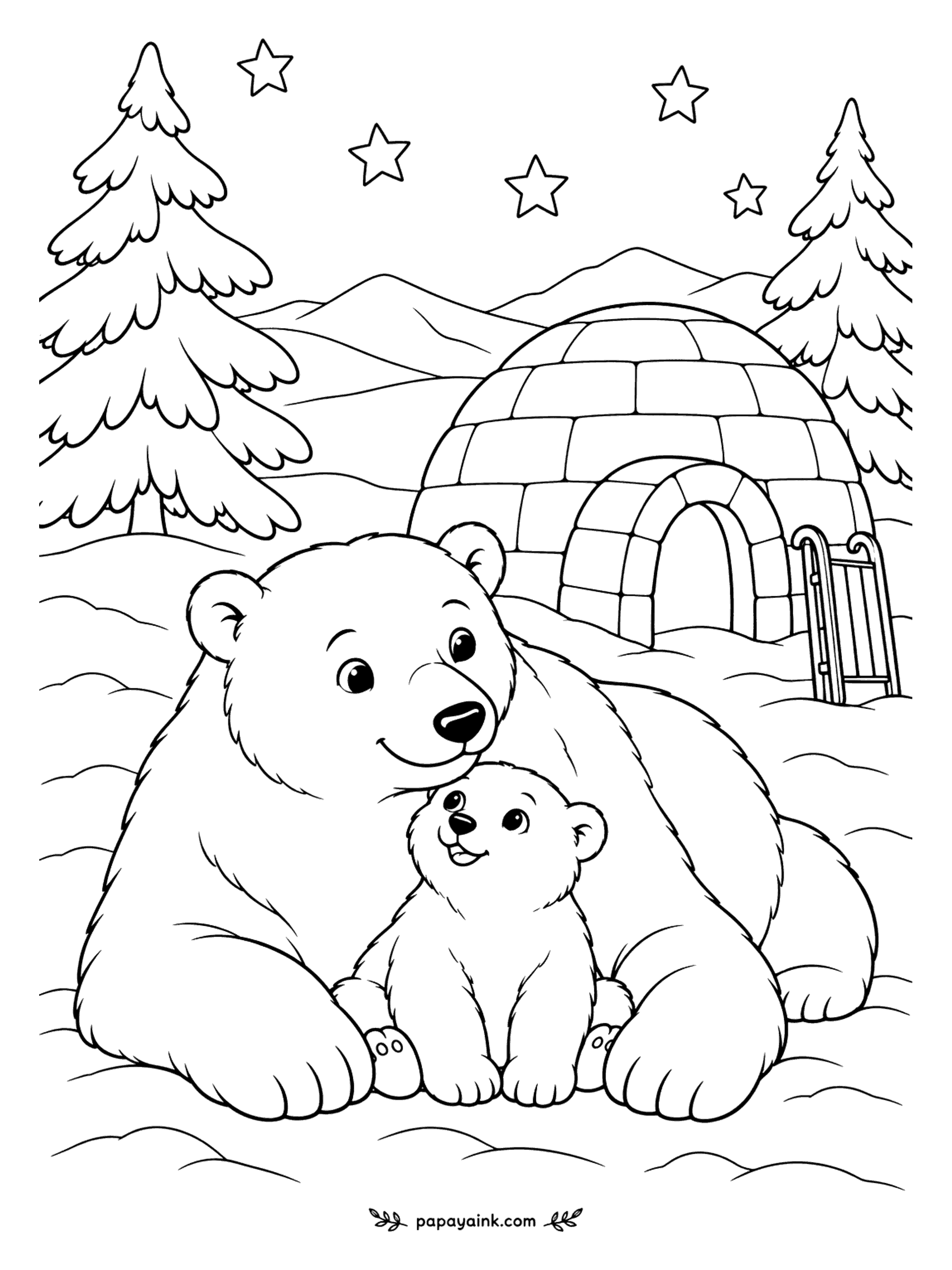 Bear Coloring Pages - Polar bear coloring page with very little in it, in the best sense: a mother, a cub under her chin, an igloo, a sled and a few stars. Wide open shapes - try pale blue shadows on the snow.