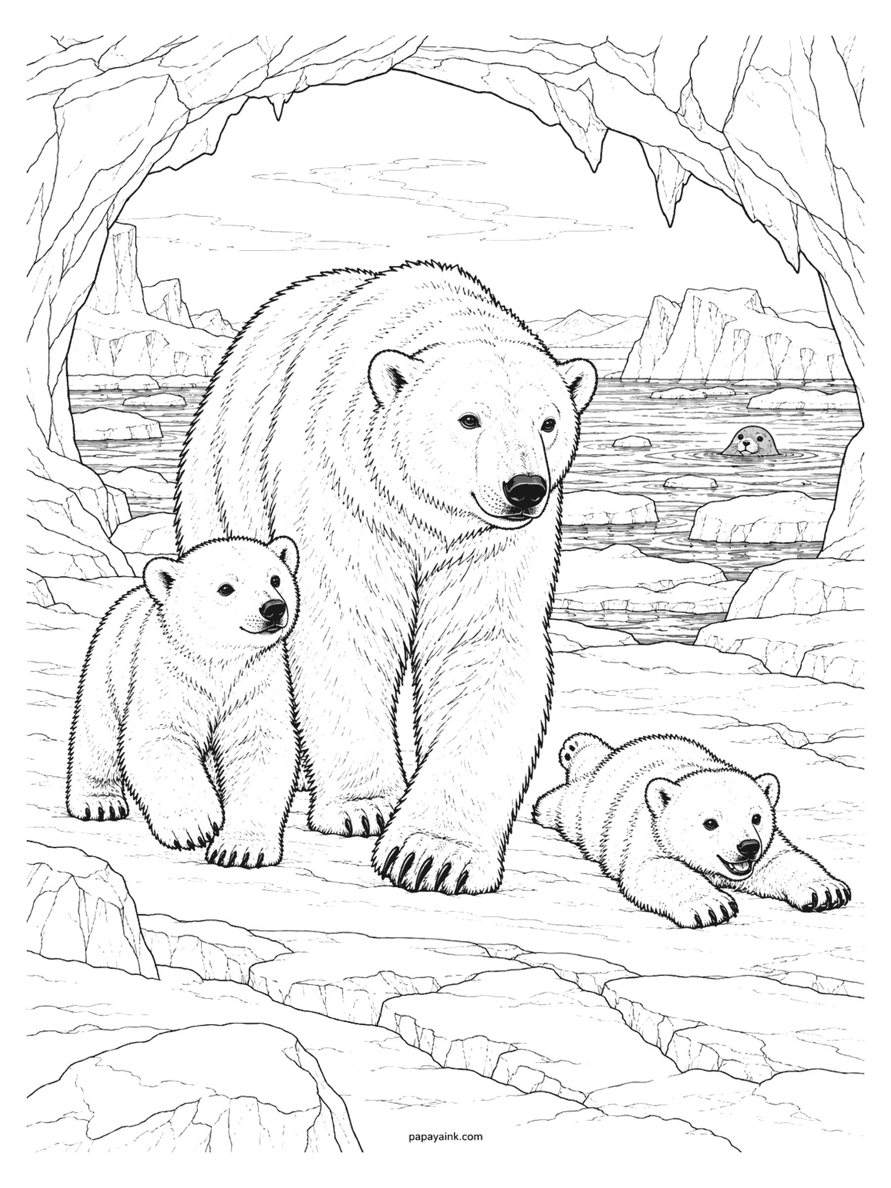 Bear Coloring Pages - Polar bear coloring page: a mother and her cubs walk across cracked sea ice framed by an ice arch, with icebergs and a curious seal in the water. Open shapes, easier than the forest scenes.