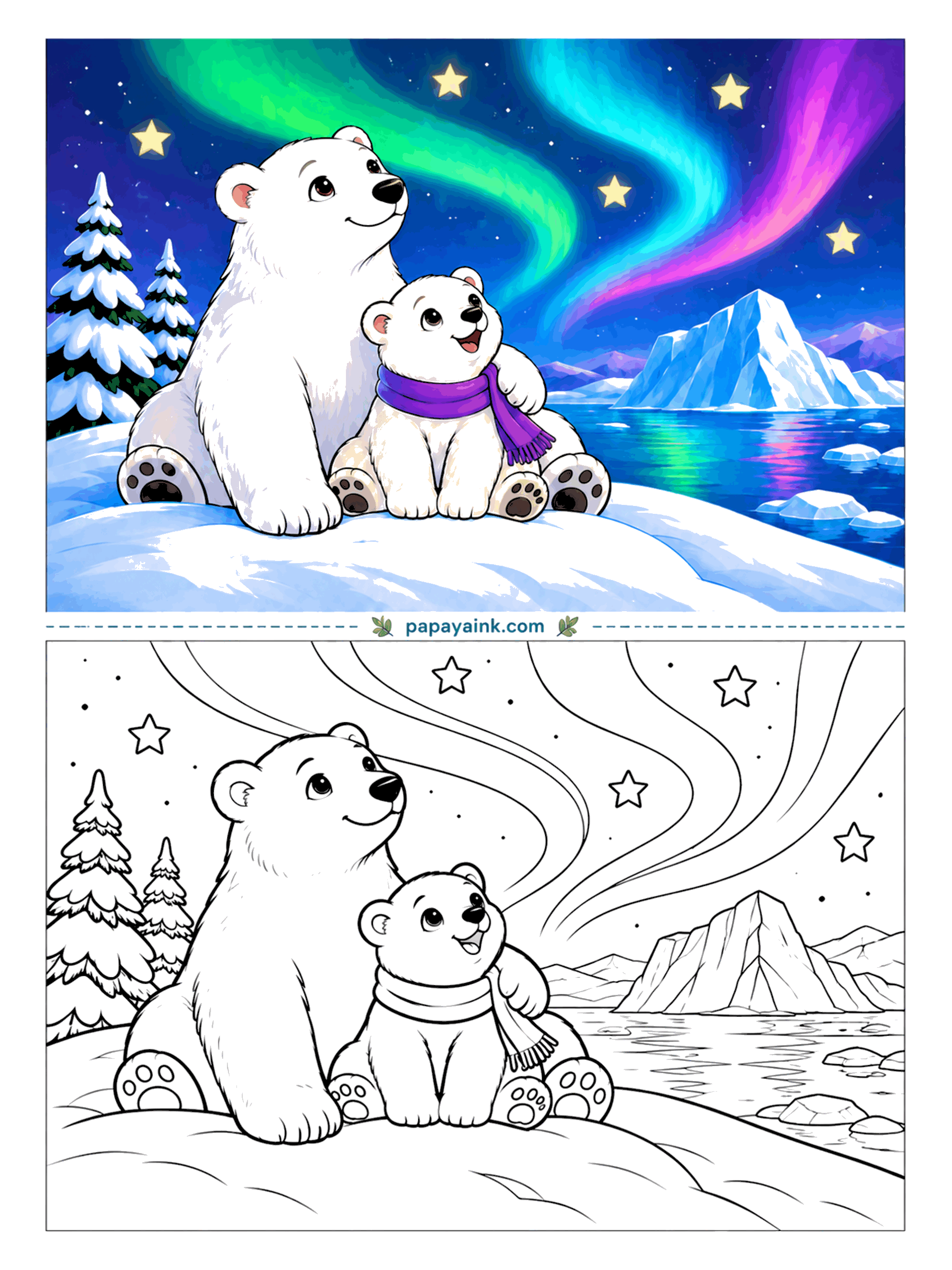 Bear Coloring Pages - The northern lights are on, and bedtime has been postponed. A polar bear and a cub in a scarf sit on a snowbank and watch the ribbons cross the sky above an iceberg. Polar bear coloring page - blend green into violet overhead.