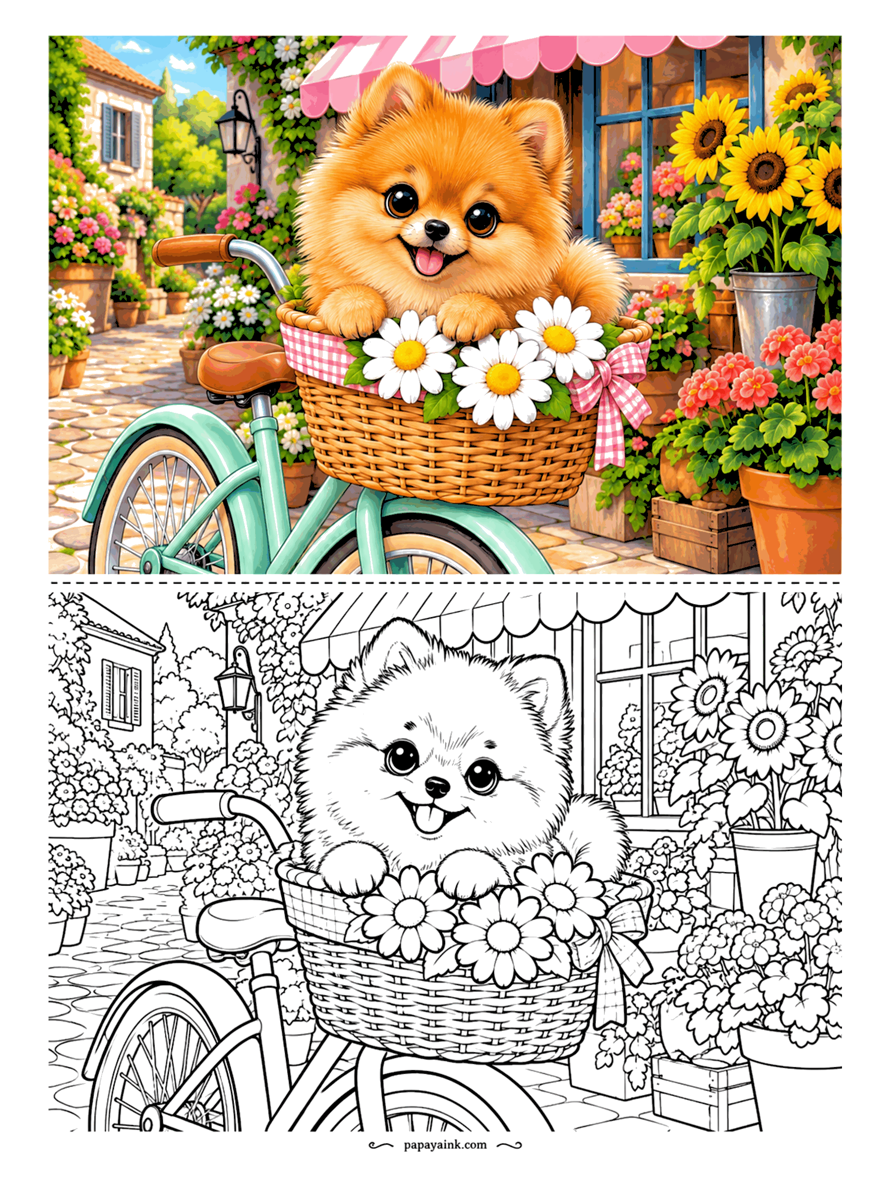 Puppy Coloring Pages - Daisies, a gingham bow and one Pomeranian puppy share the bicycle basket on a cobbled street lined with flowerpots and sunflowers. The basket weave and the shop window make this a Detailed page.