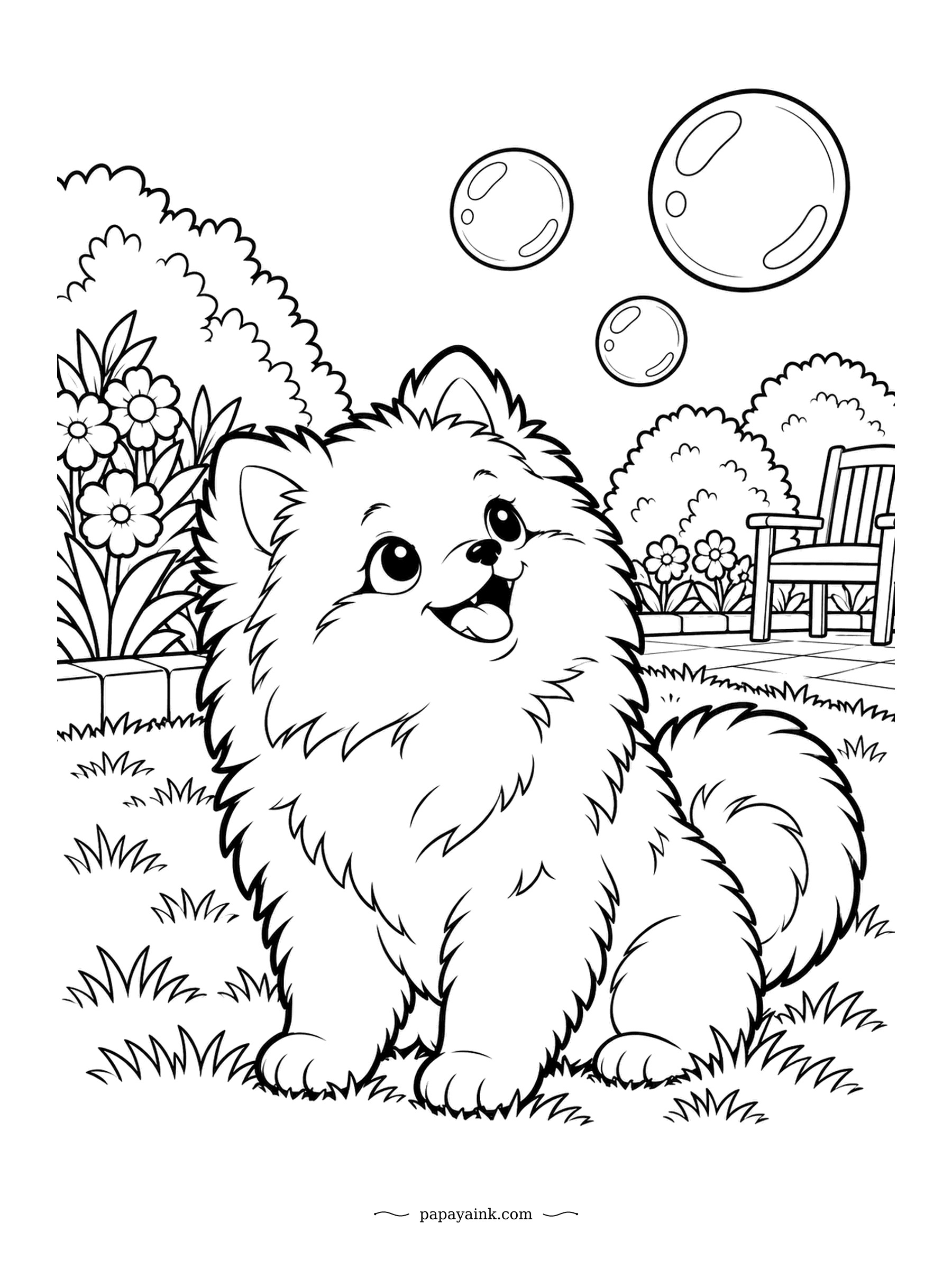 Puppy Coloring Pages - Bubbles float over the lawn, and the Pomeranian pup sits beneath them in pure delight. All that fluff makes it look twice its real size. Short, light pencil strokes bring out the fluff.