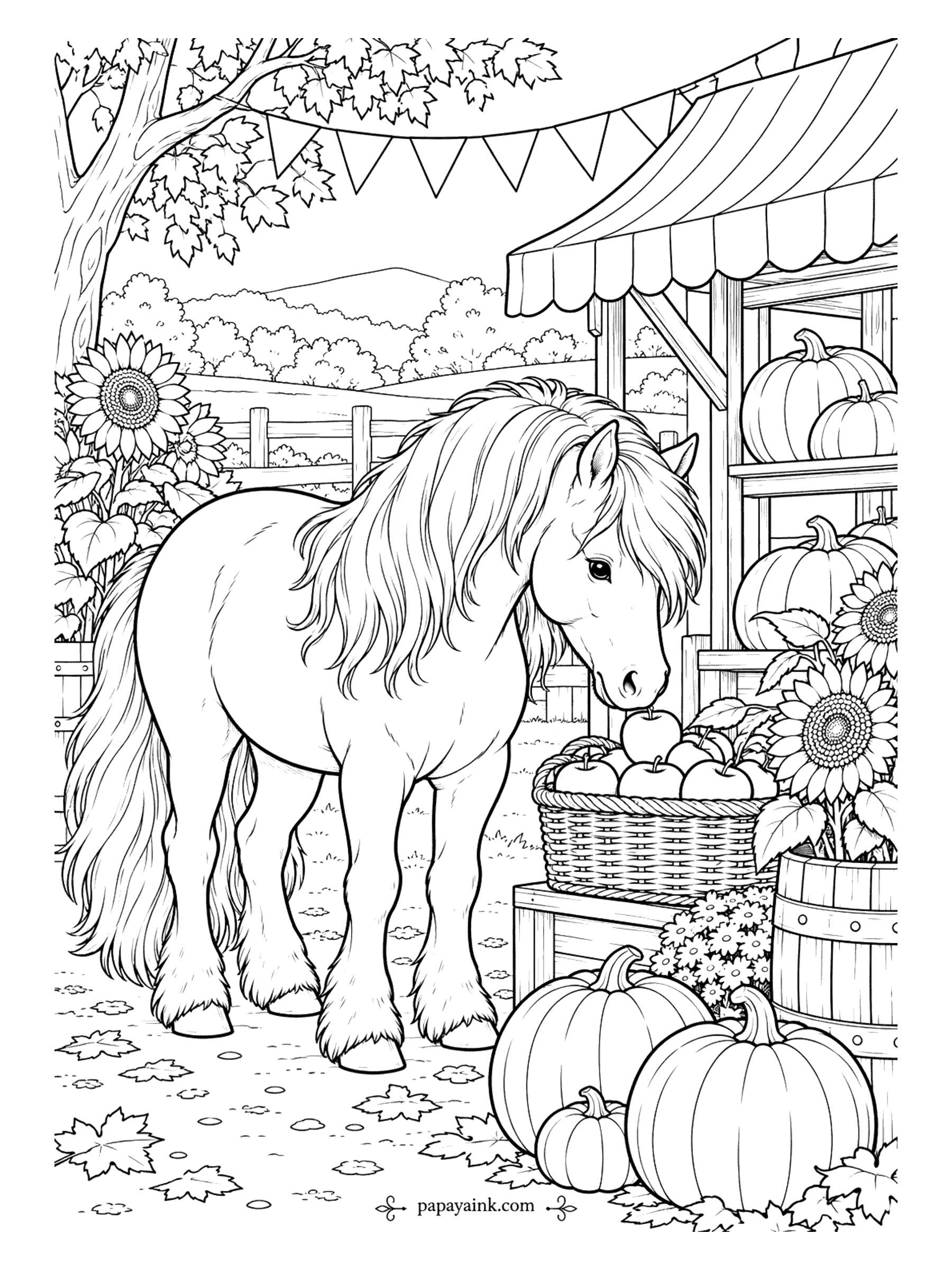 Horse Coloring Pages - Caught in the act: a round little pony has its nose in the apple basket at a harvest stall, pumpkins stacked on the shelves and sunflowers nodding over the barrel. Bunting overhead, maple leaves on the ground. Detailed - wicker, pumpkin ribs and that mane.