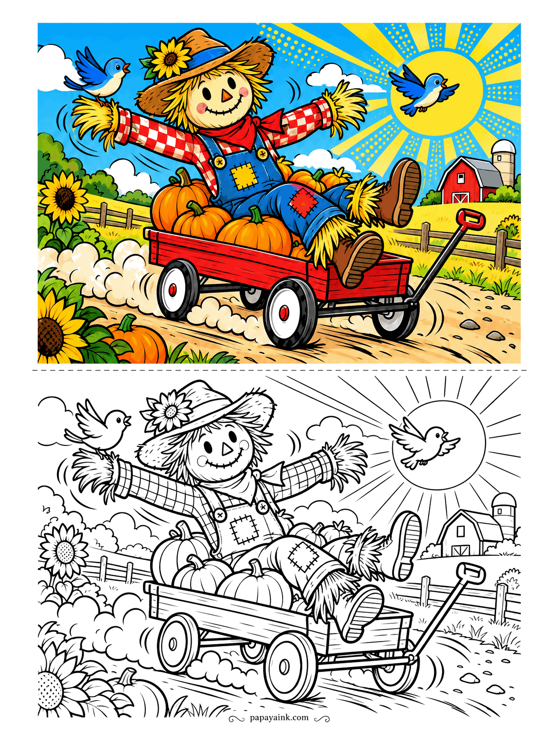 Scarecrow Coloring Pages - Full speed down the farm road: a comic-book scarecrow rides a red wagon full of pumpkins, boots in the air and dust clouds trailing behind. Bluebirds dive through a halftone sun. Bold outlines - markers make this one pop.