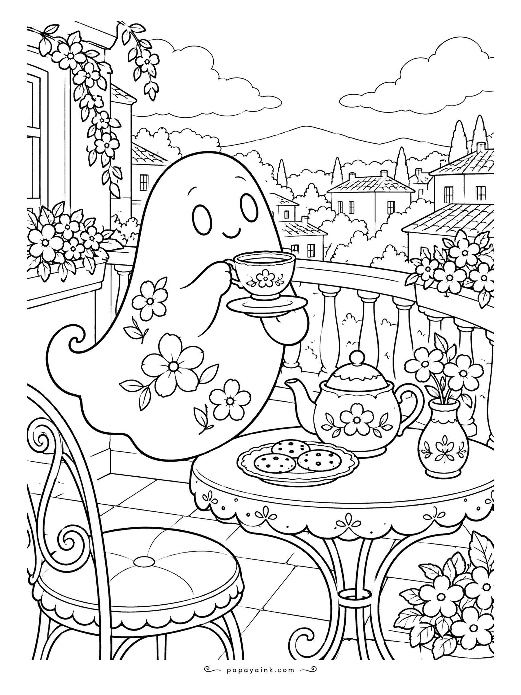 Ghost Coloring Pages - Painted with flowers like a fine teacup, the ghost sips tea on a balcony above red-roofed houses. A matching teapot, cookies and a curly bistro chair complete the scene. Try blue patterns on white.