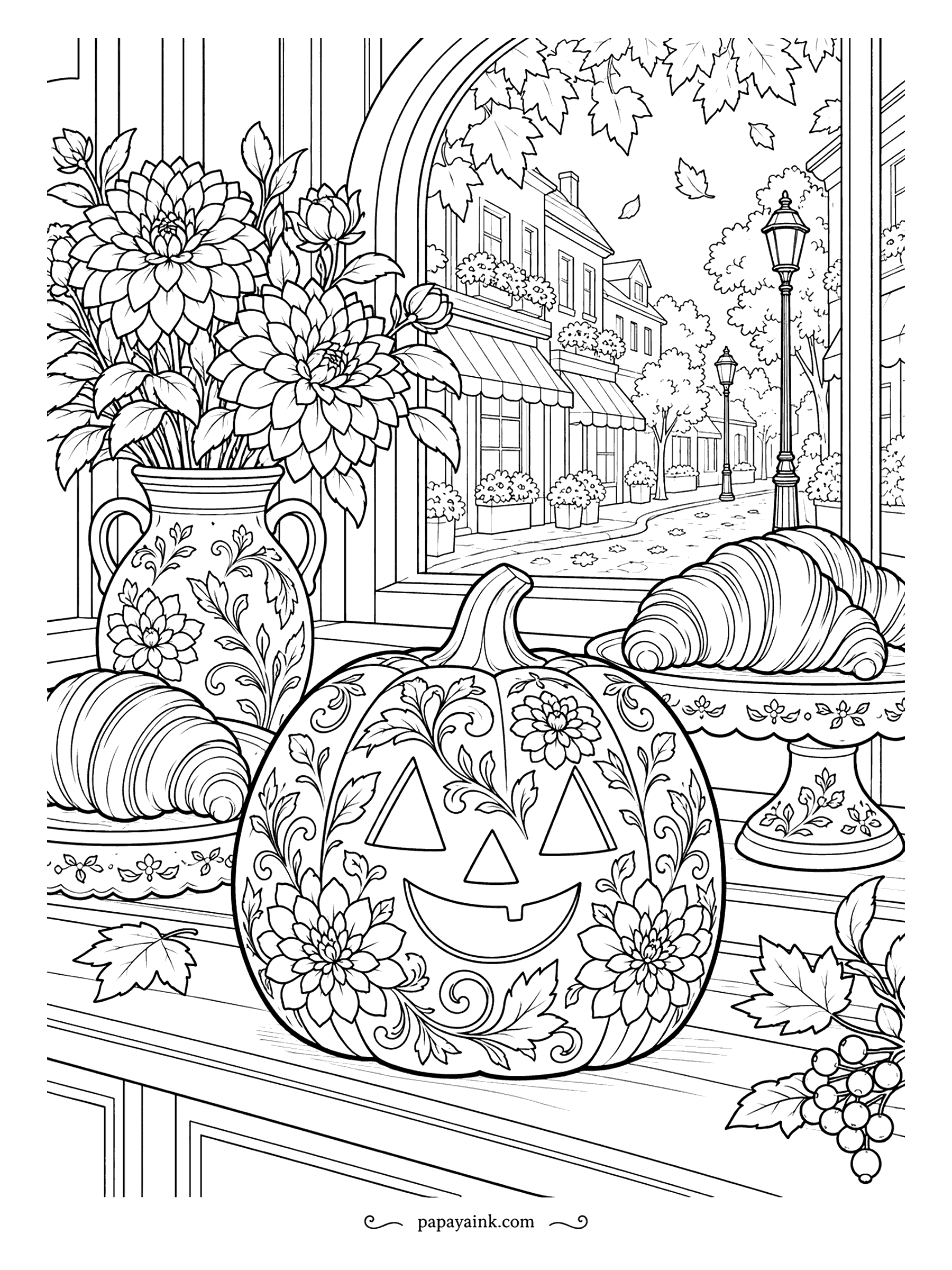 Pumpkin Coloring Pages - Painted with flowers and swirls like a china vase, the jack-o'-lantern shares a bakery window with croissants, a cake stand and a vase of flowers. Outside, shops and street lamps line the lane. Detailed.
