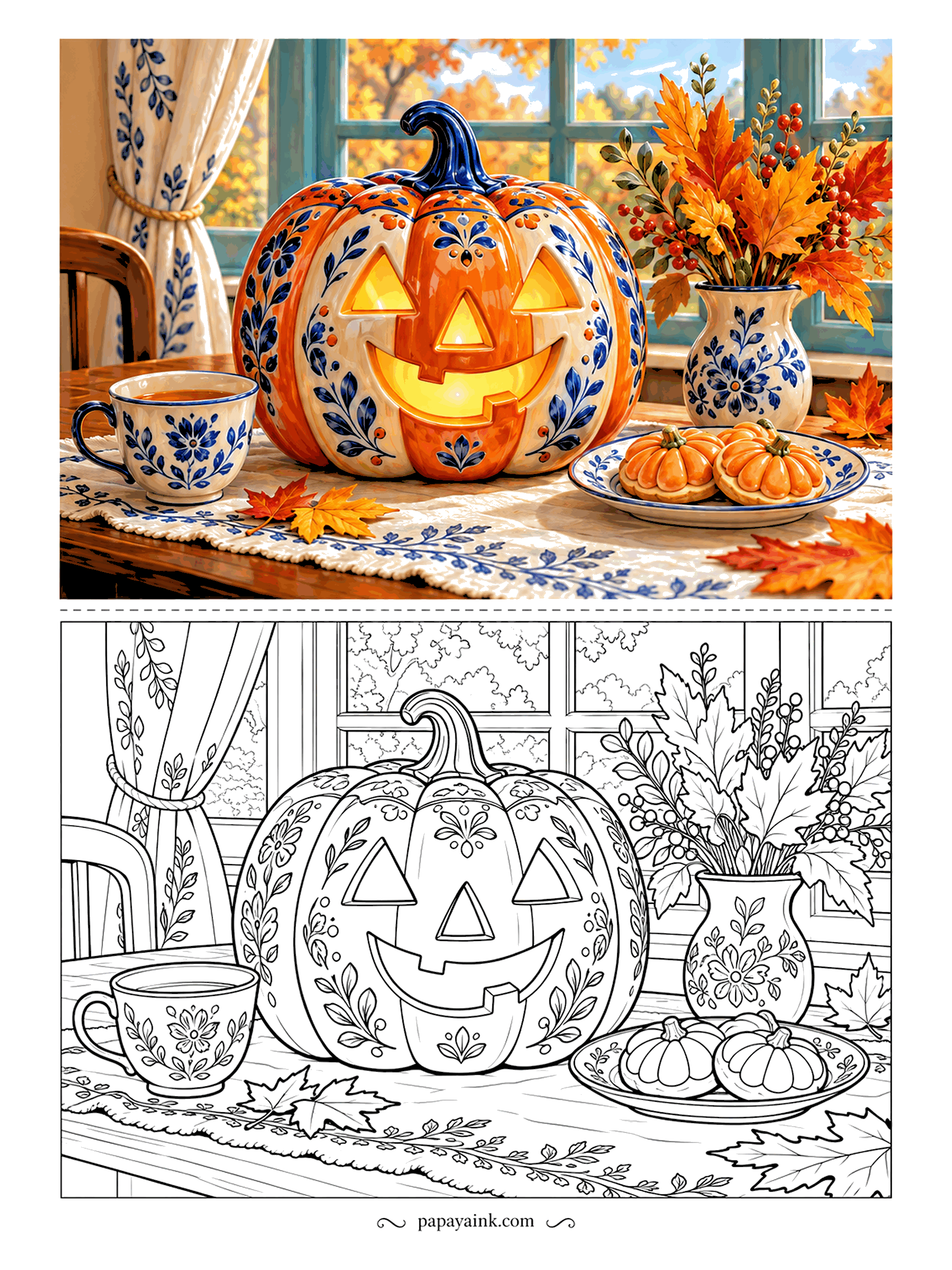 Pumpkin Coloring Pages - Grandmother's good china, Halloween edition. A blue-and-white painted porcelain pumpkin glows on the table next to a matching teacup, a vase of autumn leaves and a plate of tiny pumpkin pastries. Detailed folk patterns throughout.