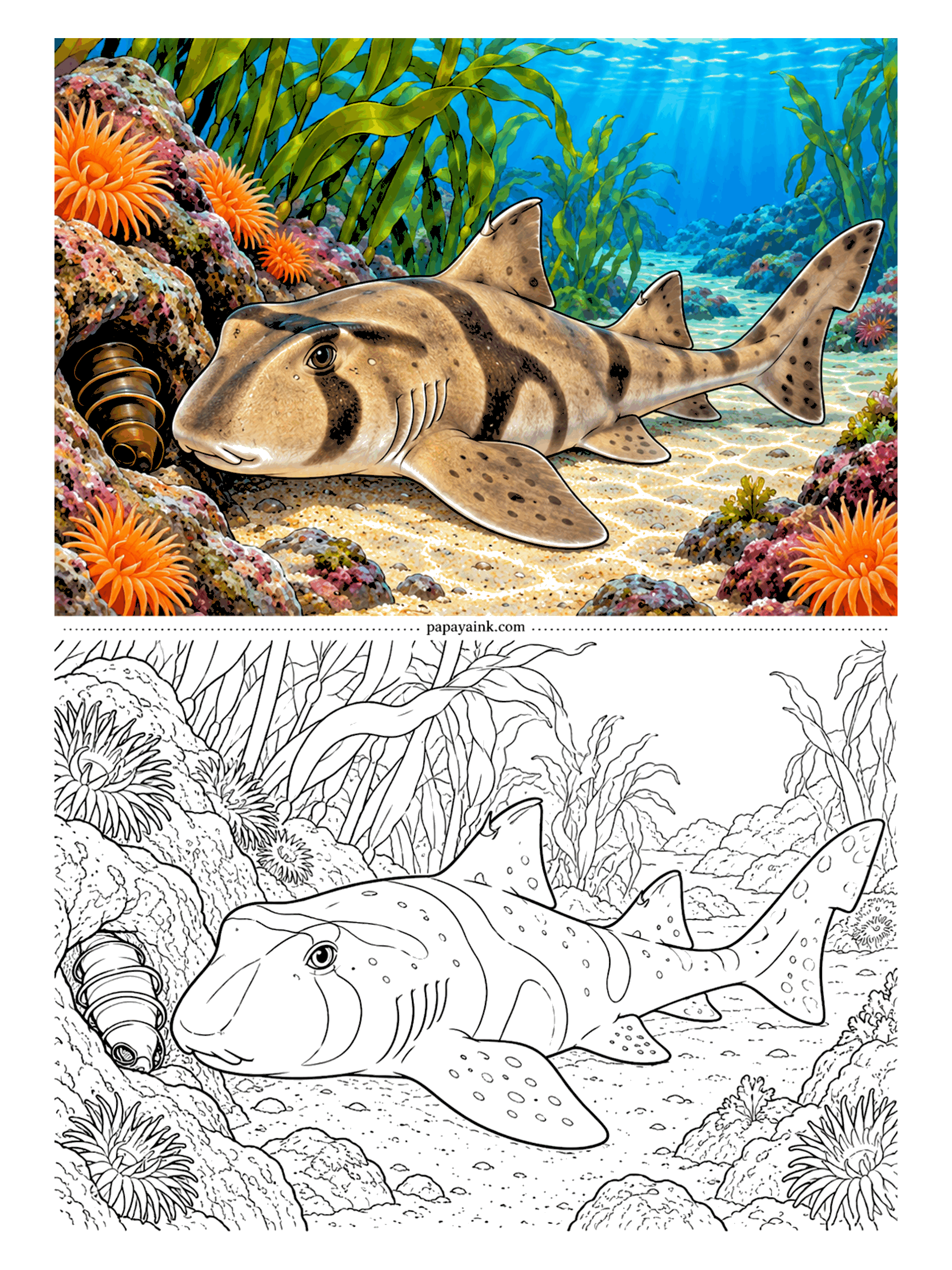 Shark Coloring Pages - Dark harness markings make the Port Jackson shark easy to recognize in Australian waters. It lays spiral, screw-shaped eggs and wedges them into rock crevices - there is one tucked in at the left of the scene.