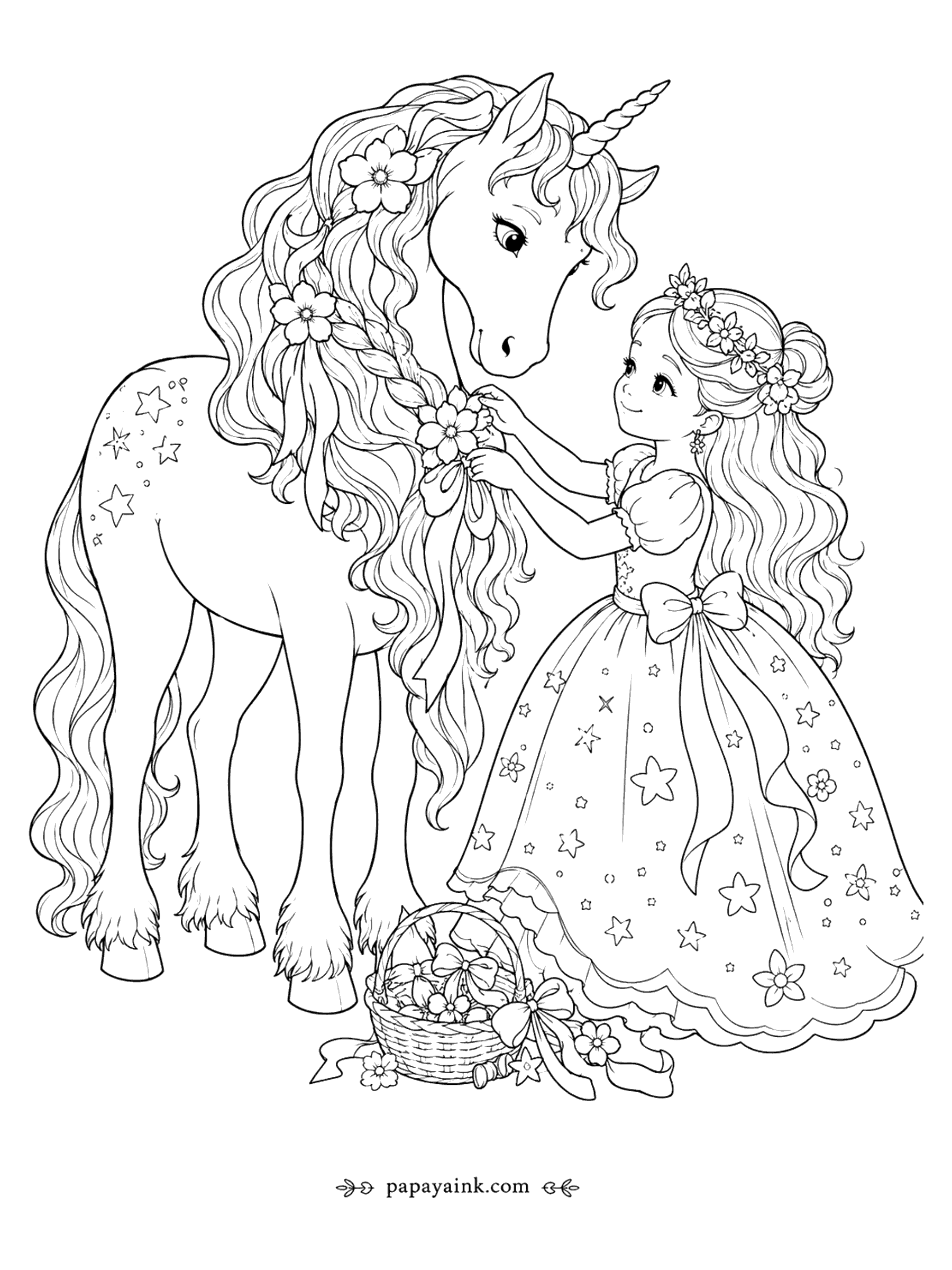 Unicorn Coloring Pages - Princess and Unicorn Coloring Page: Braiding Flowers into the Mane
