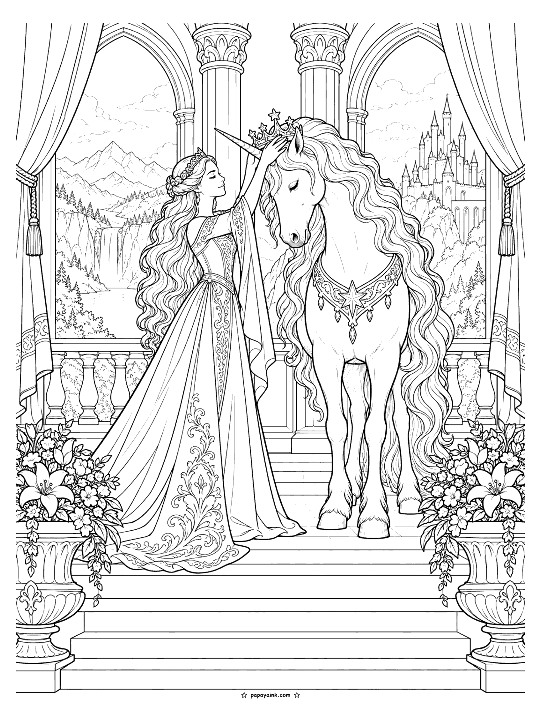 Unicorn Coloring Pages - Princess and unicorn coloring page: a princess in an embroidered gown sets a star crown on a bowing unicorn between palace columns, with lily urns, heavy curtains and a castle across the valley. Detailed.