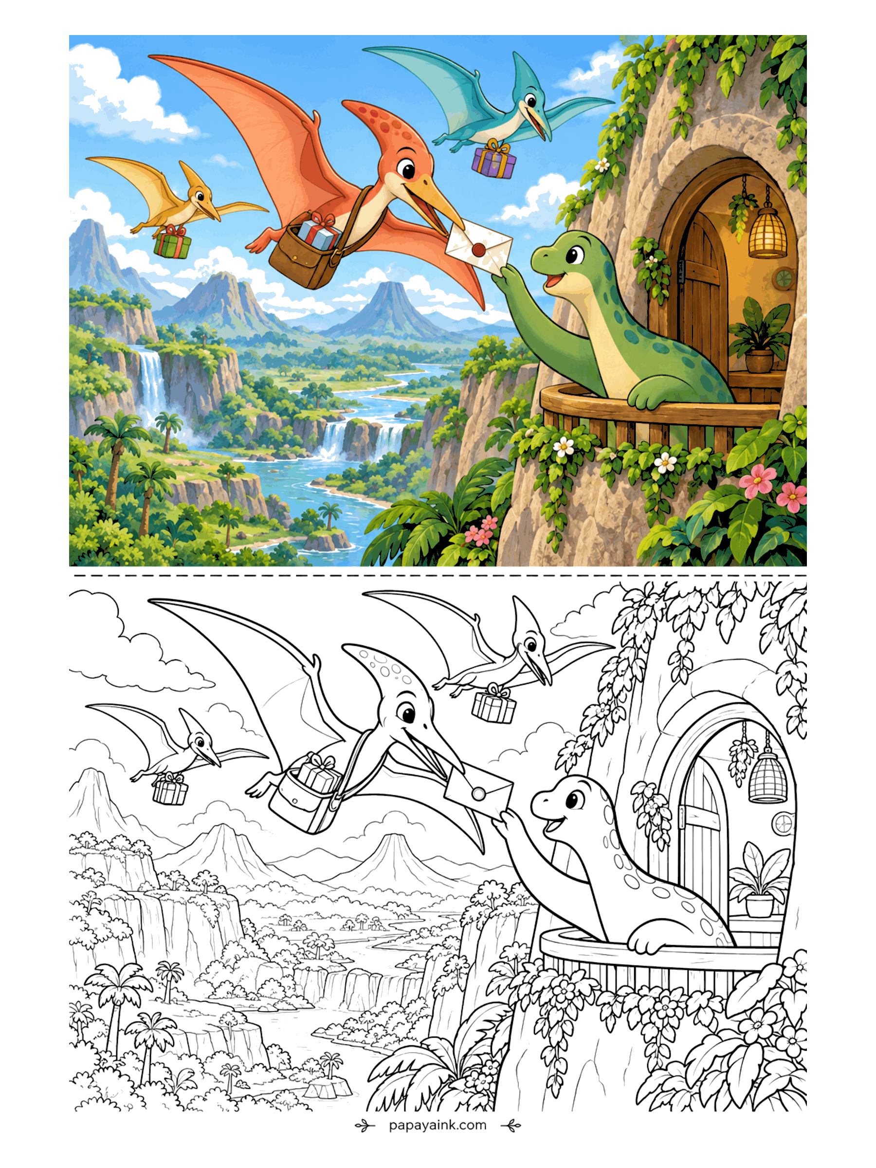 Cute Dinosaur Coloring Pages - A pterodactyl mail carrier hands a letter to a long-necked dinosaur on a cliff balcony while others fly by with parcels. Waterfalls and volcanoes fill the background. Detailed.