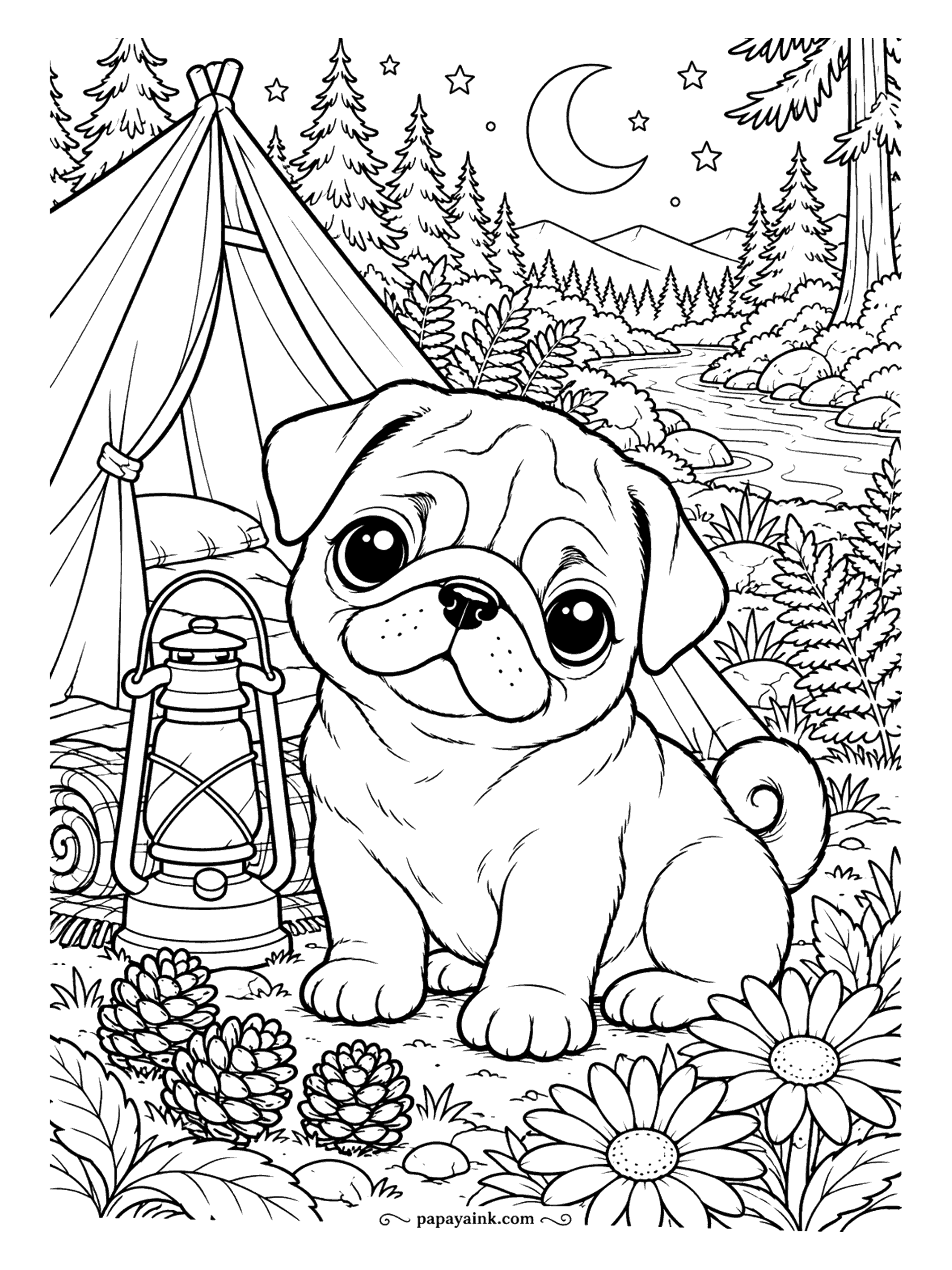 Puppy Coloring Pages - Camp is set and the pug puppy has been put in charge of the lantern. Tent, pinecones, daisies and a crescent moon over the pines. Keep the lantern glow pale yellow and go dark on the night sky around it.