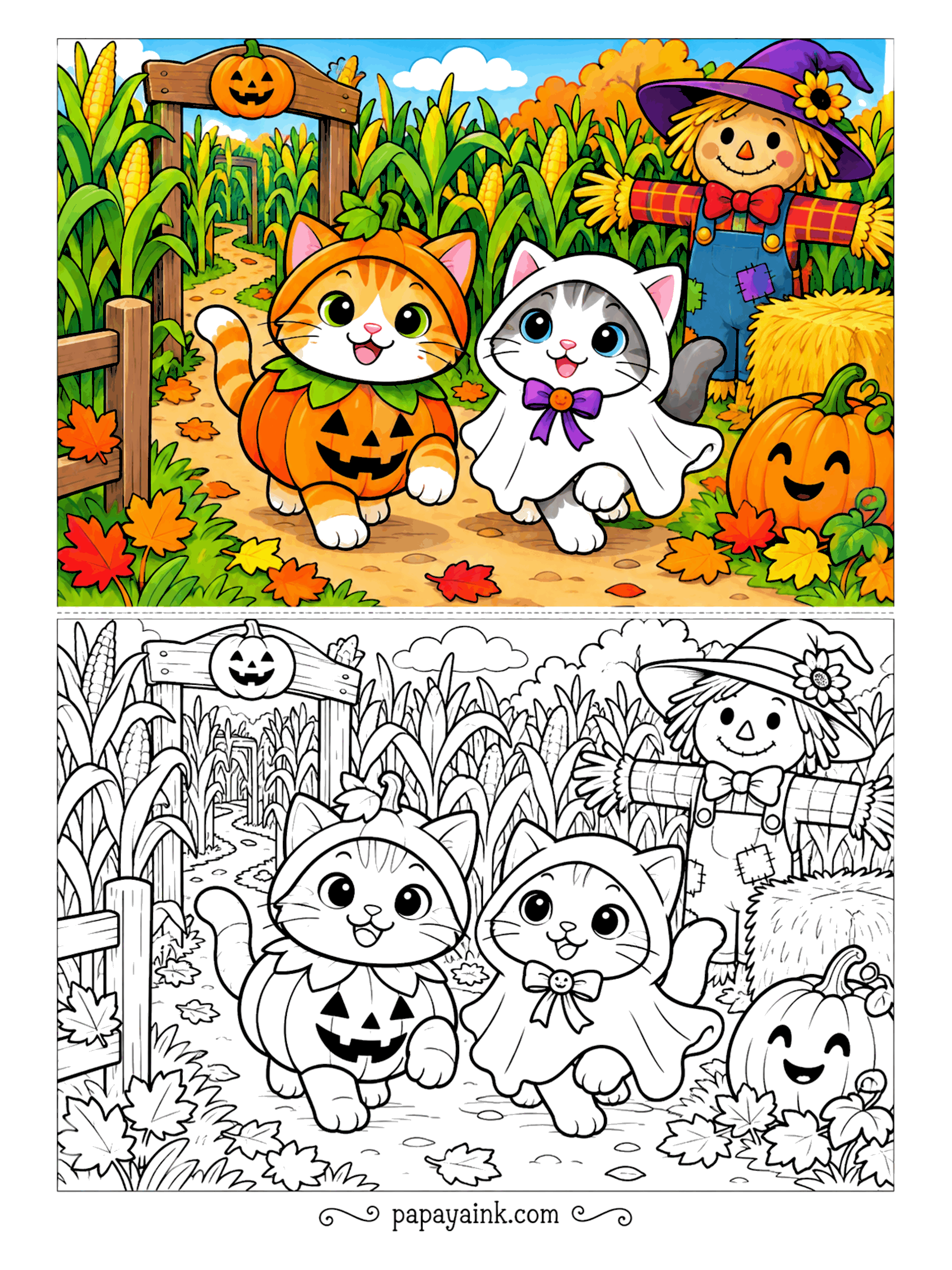 Halloween Cat Coloring Pages - Two costumes, one corn maze. The orange cat wears a jack-o-lantern suit, the gray one a ghost sheet with a purple bow, and a scarecrow in a witch hat stands guard by the hay bale. Rows of corn mean lots of repeating lines for pencils.