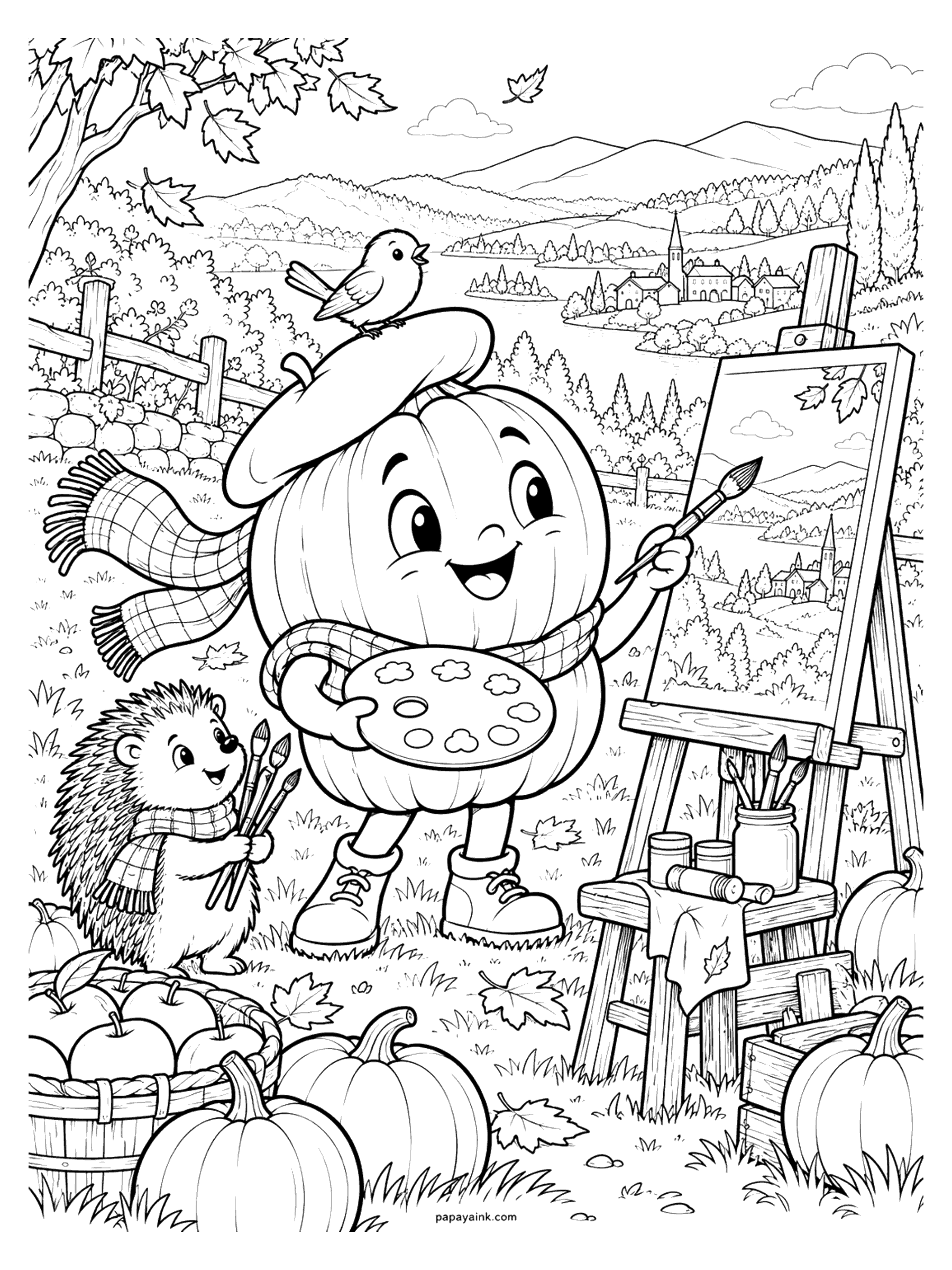 Pumpkin Coloring Pages - A pumpkin in a beret, with a little bird perched on top, paints a lakeside village on an easel while a hedgehog in a scarf holds the spare brushes among apples and pumpkins. Detailed.