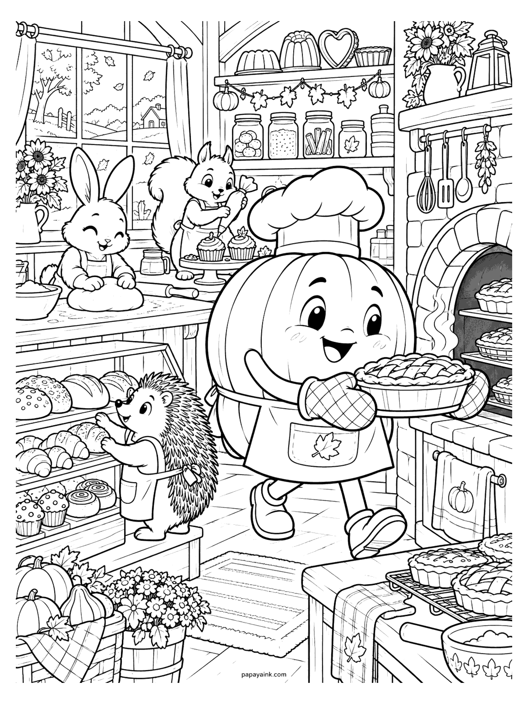 Pumpkin Coloring Pages - A pumpkin in a chef's hat and oven mitts carries a lattice pie from a brick oven while a bunny kneads dough, a squirrel frosts cupcakes, and a hedgehog stocks the bread shelves. Detailed.