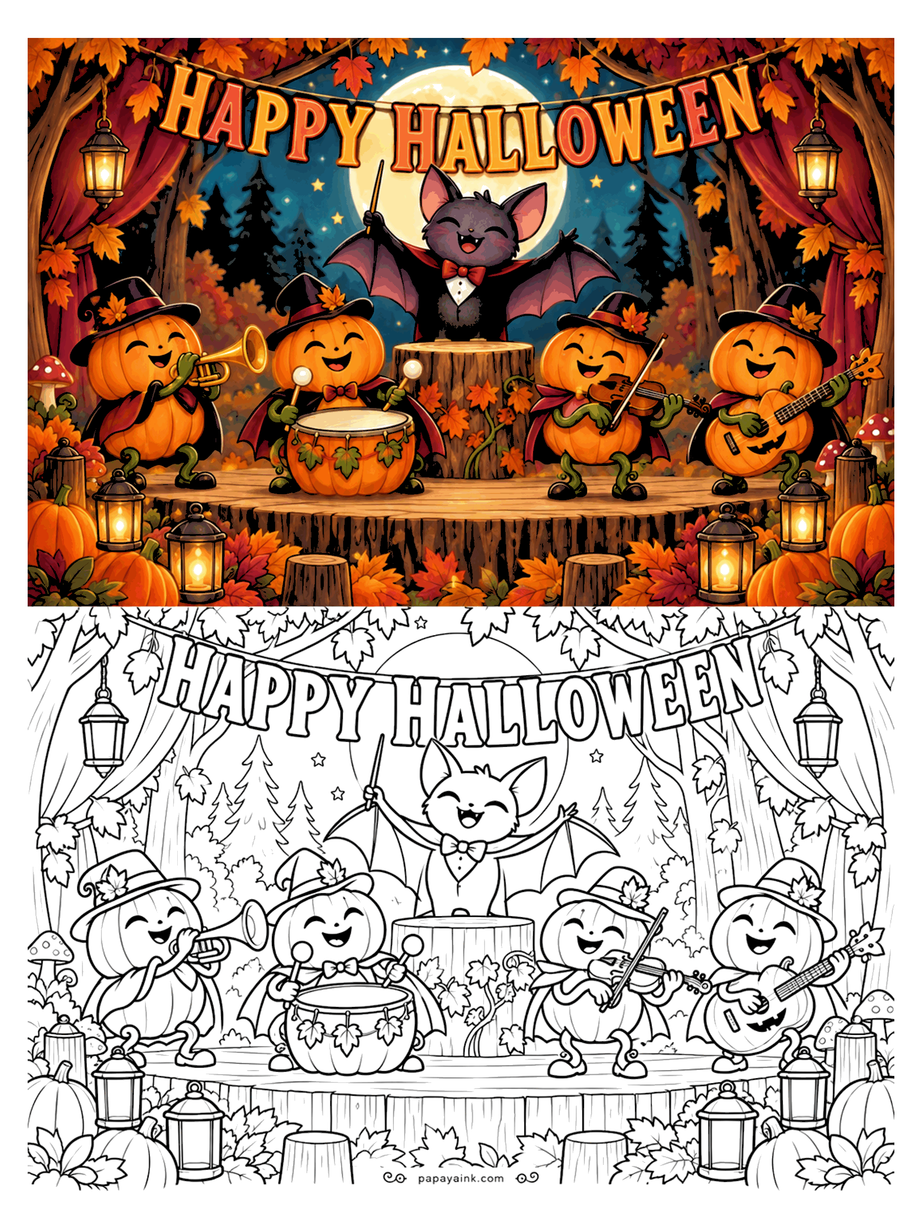 Halloween Coloring Pages - A bat in a bow tie conducts a band of pumpkin musicians on trumpet, drum, violin and guitar on a lantern-lit forest stage. Detailed