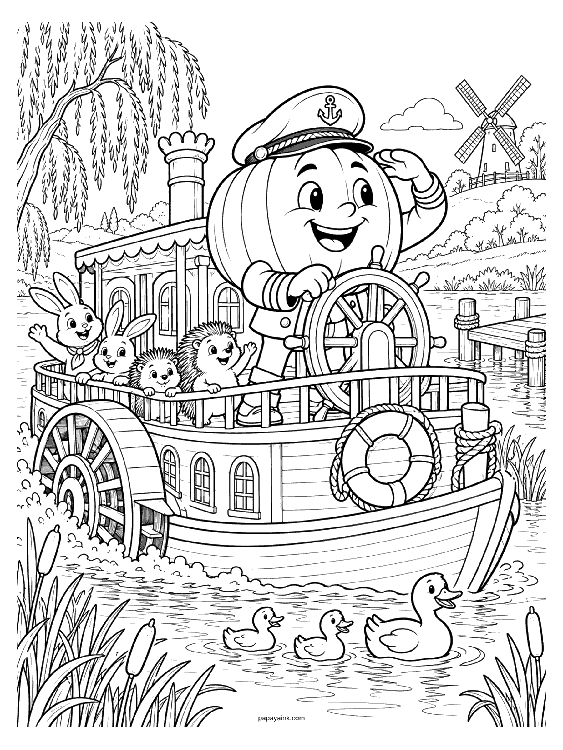Pumpkin Coloring Pages - A pumpkin captain in an anchor cap salutes at the wheel of a paddle steamer as bunnies and hedgehogs wave from the rail and a duck family swims past the cattails. Detailed.