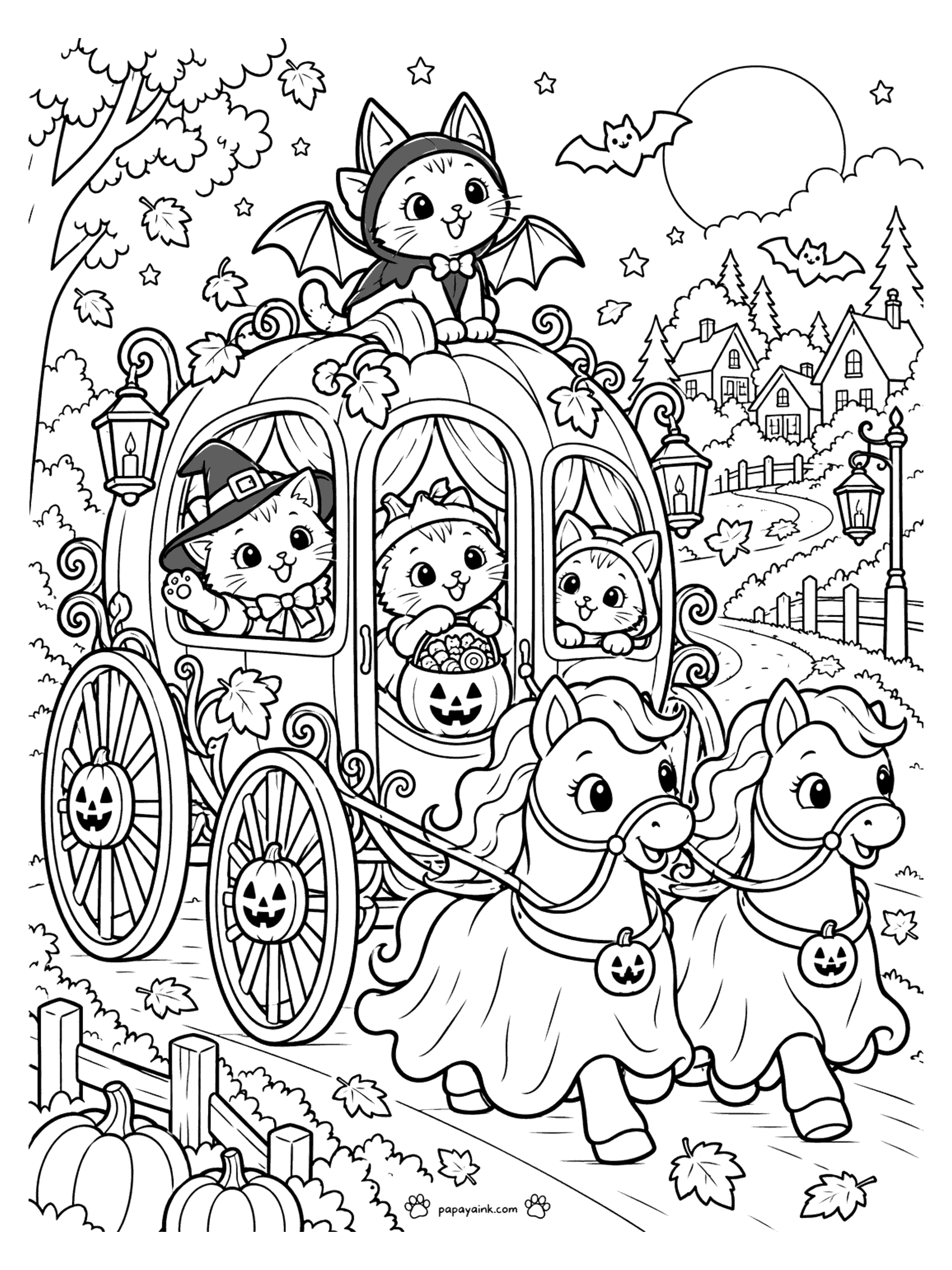 Halloween Cat Coloring Pages - Costumed kittens riding a pumpkin carriage pulled by two ponies in ghost sheets, with a bat kitten on the roof. Detailed.