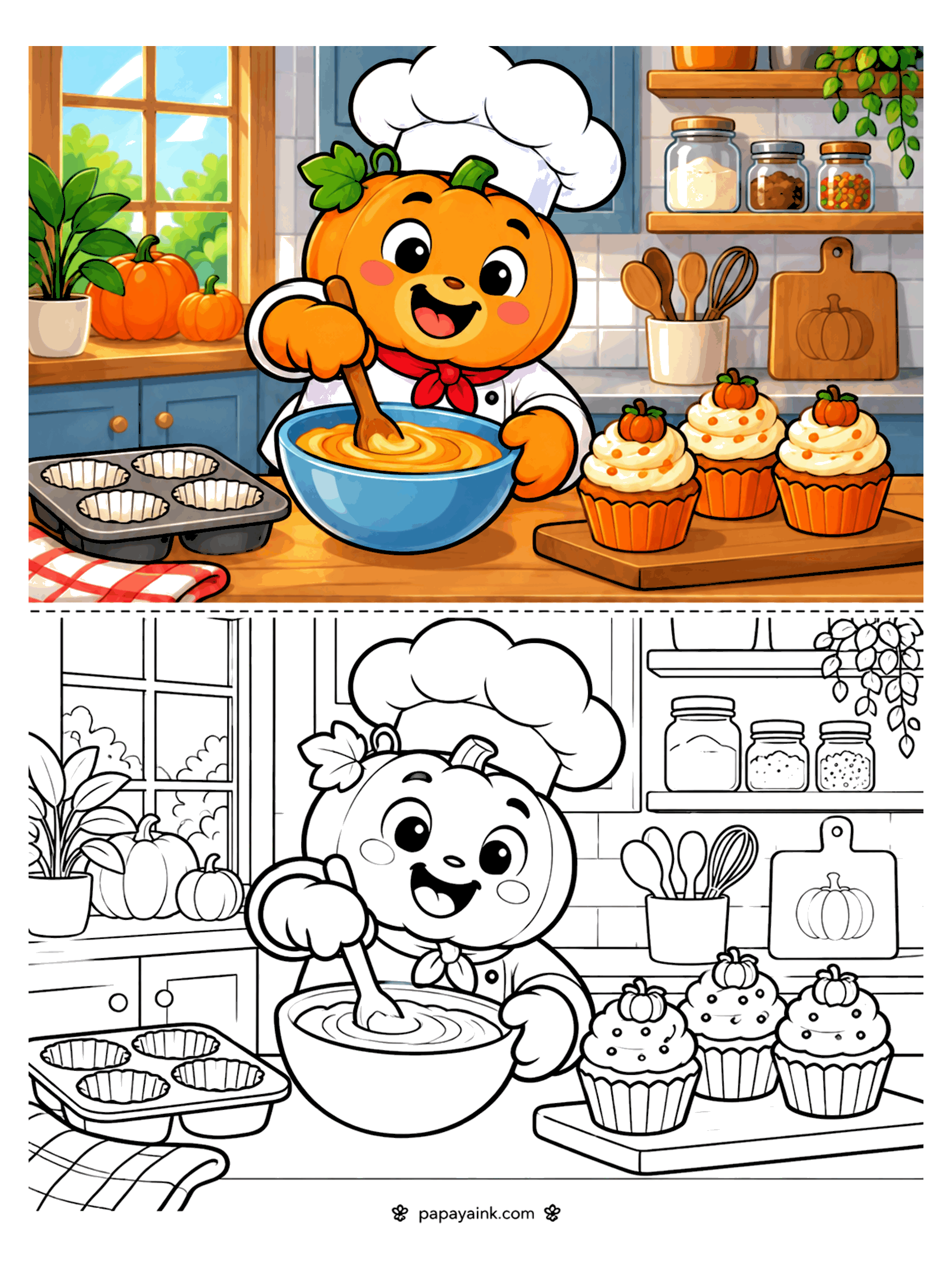Pumpkin Coloring Pages - A pumpkin in a chef's hat stirs batter in a blue bowl beside a muffin tin and three finished pumpkin cupcakes in a sunny kitchen.