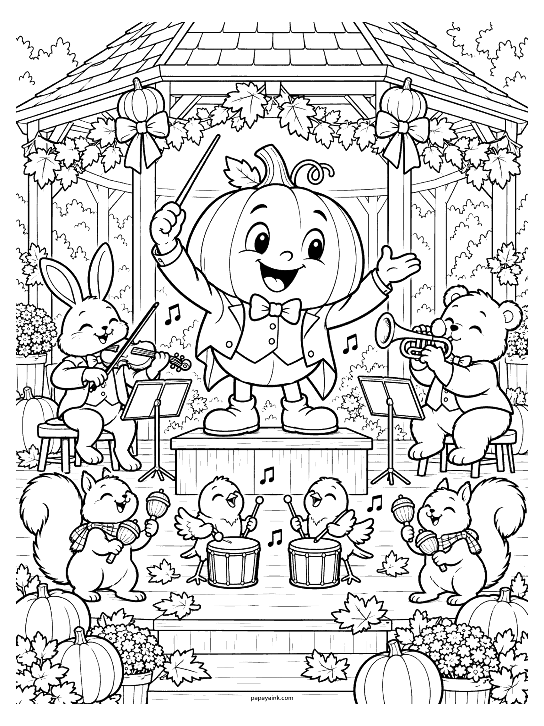 Pumpkin Coloring Pages - A pumpkin conductor in a tailcoat and bow tie waves a baton in a leaf-draped gazebo while a bunny plays violin, a bear plays trumpet, two chicks drum, and squirrels shake acorn maracas.