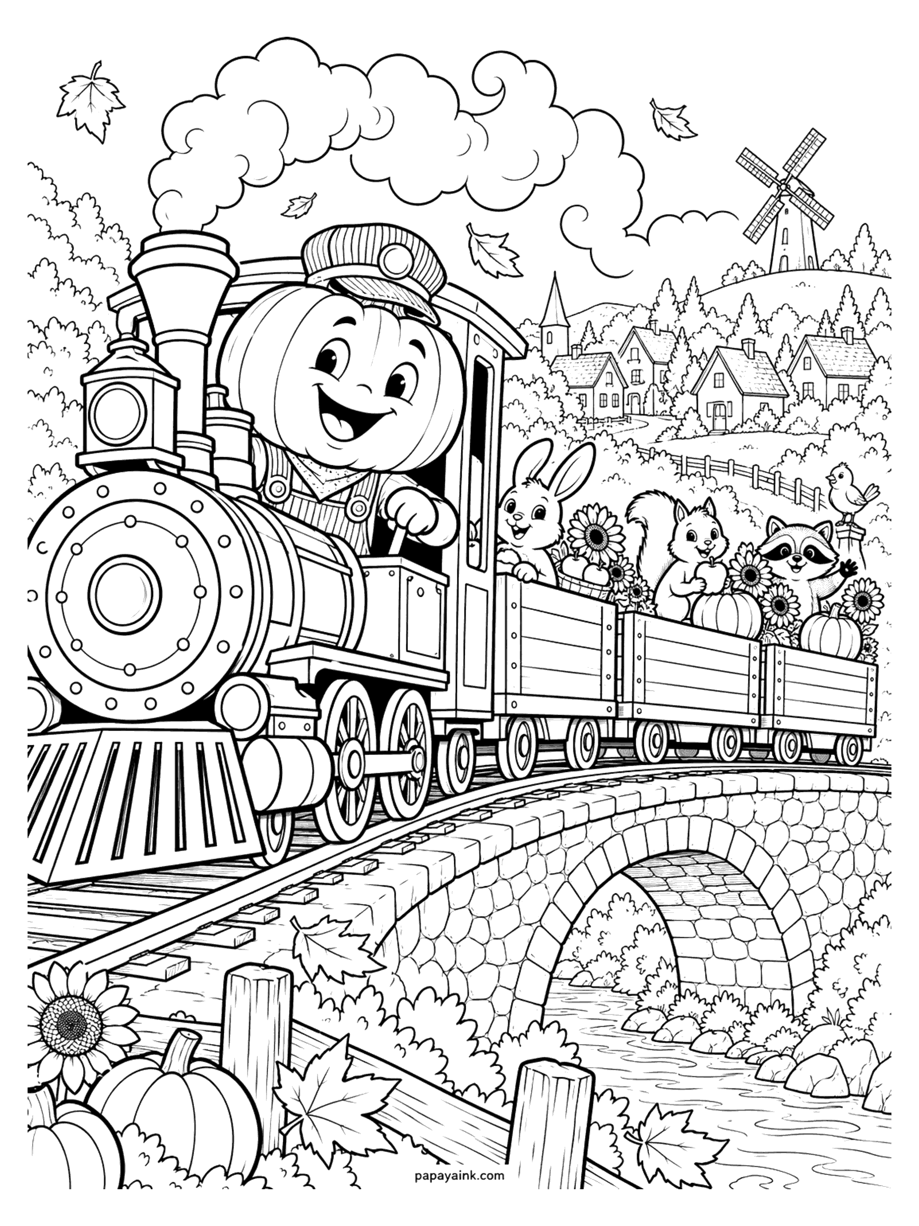 Pumpkin Coloring Pages - A pumpkin in a striped engineer cap drives a steam locomotive across a stone bridge, pulling open cars with a bunny, a squirrel, and a raccoon among sunflowers, apples, and pumpkins. Detailed.