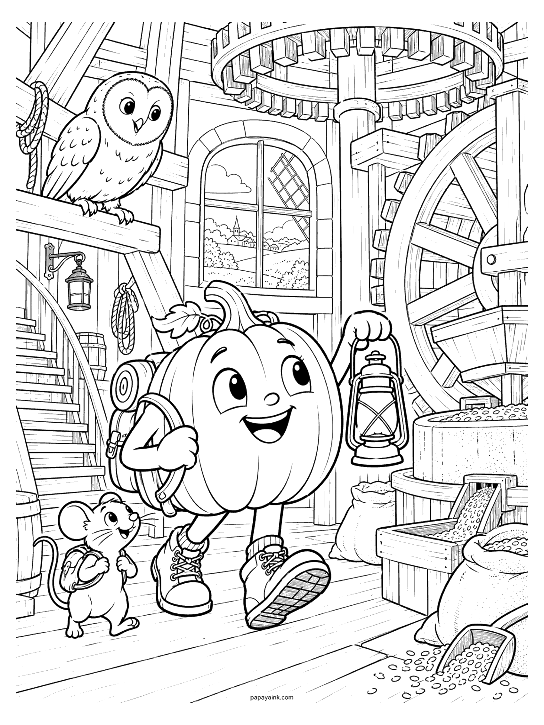 Pumpkin Coloring Pages - A pumpkin with a backpack and an oil lantern strides across the floor of an old windmill past wooden gears, a millstone, and grain sacks, with a mouse scout beside it and an owl on the beam. Detailed.