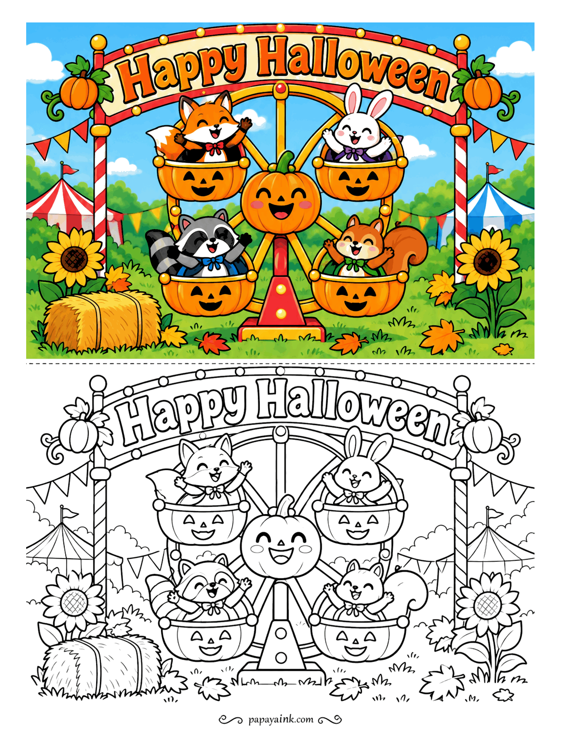 Halloween Coloring Pages - Fox, bunny, raccoon and squirrel ride the pumpkin ferris wheel with their arms up, and the giant pumpkin in the middle is grinning too. The bunting flags are a good place to use every color left in the box.