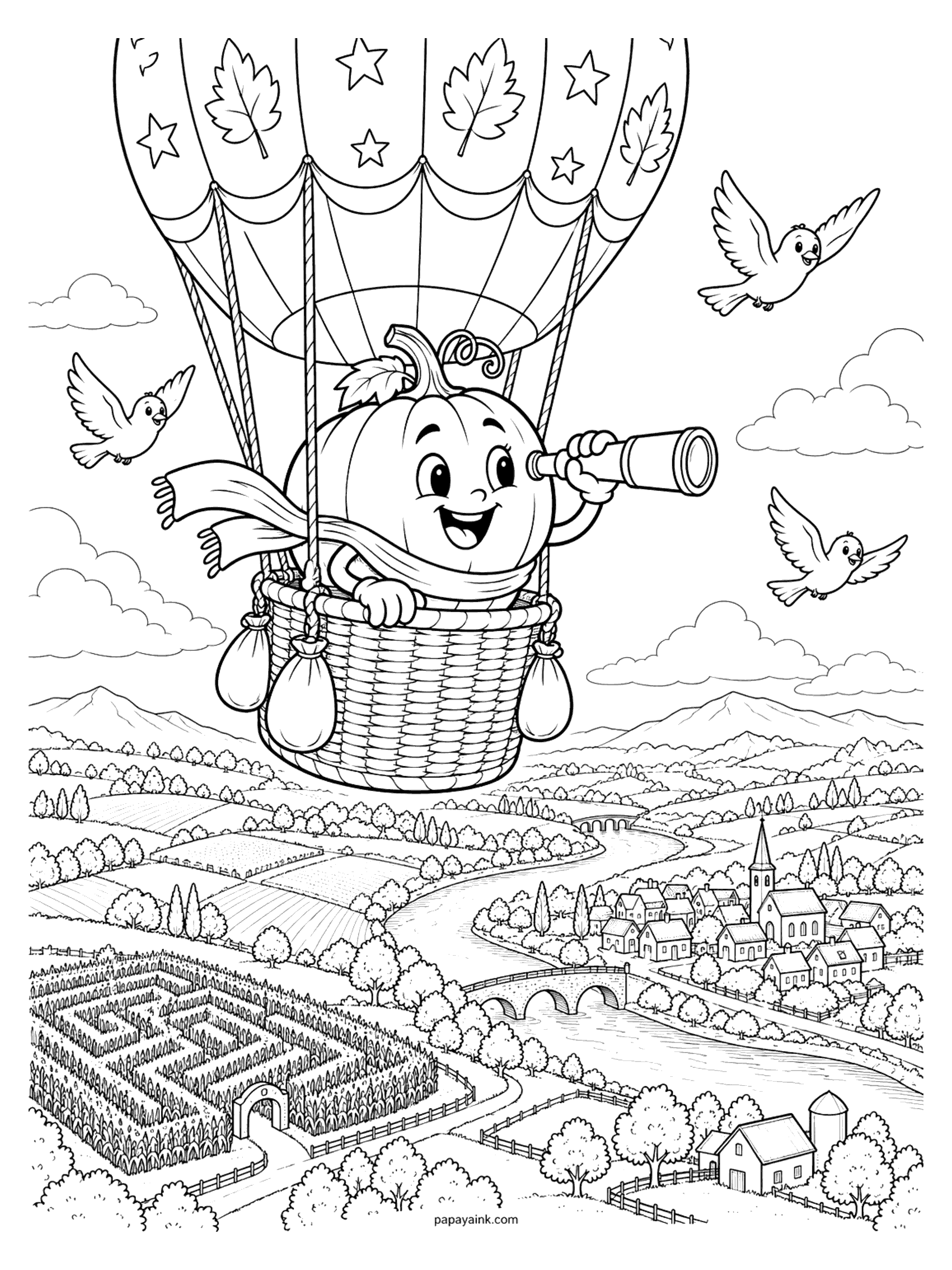 Pumpkin Coloring Pages - A pumpkin in a flying scarf peers through a spyglass from a hot air balloon basket, drifting with three birds over a corn maze, a winding river, and a village with a church steeple. Detailed.