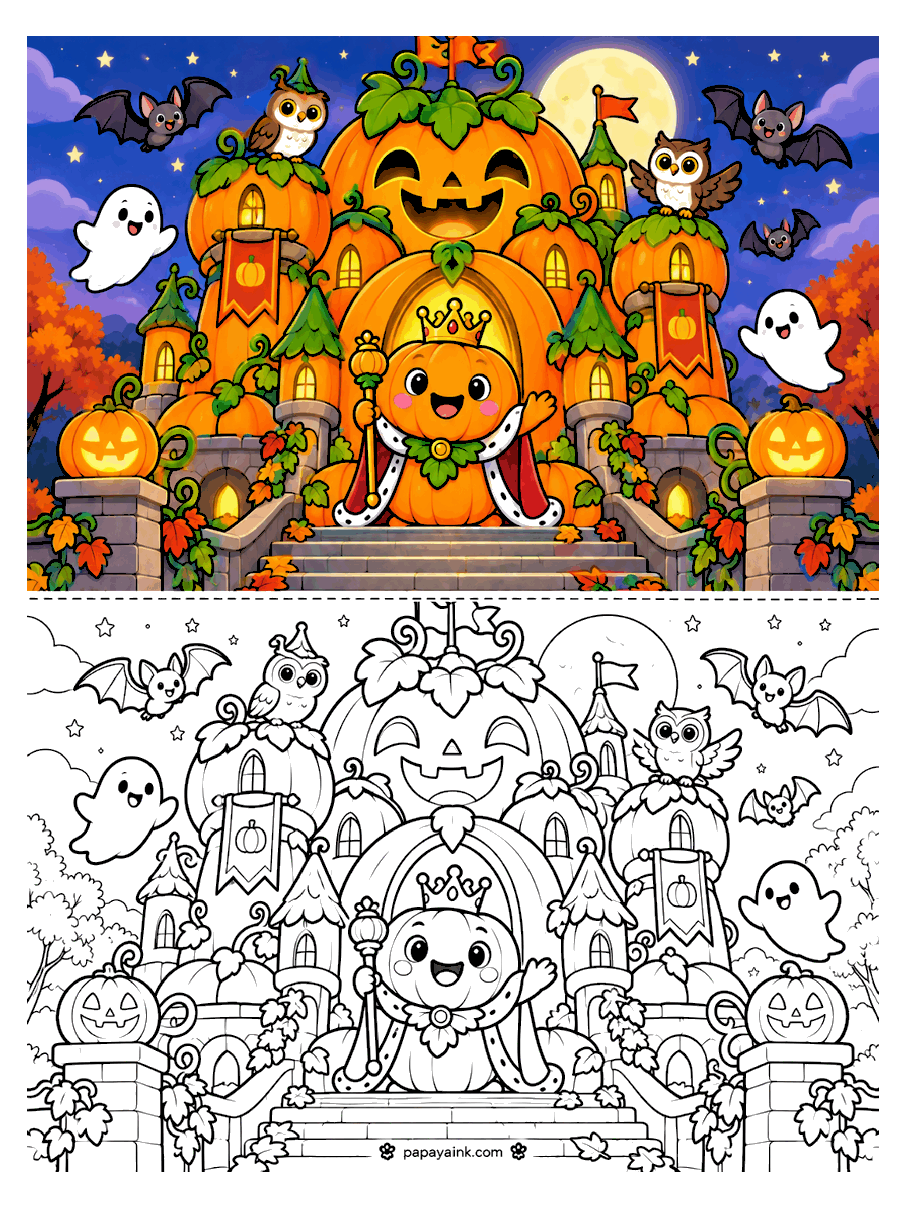 Pumpkin Coloring Pages - A pumpkin king with a crown and scepter stands on the steps of a castle built from pumpkins while owls, bats, and ghosts fill the night sky. Detailed.