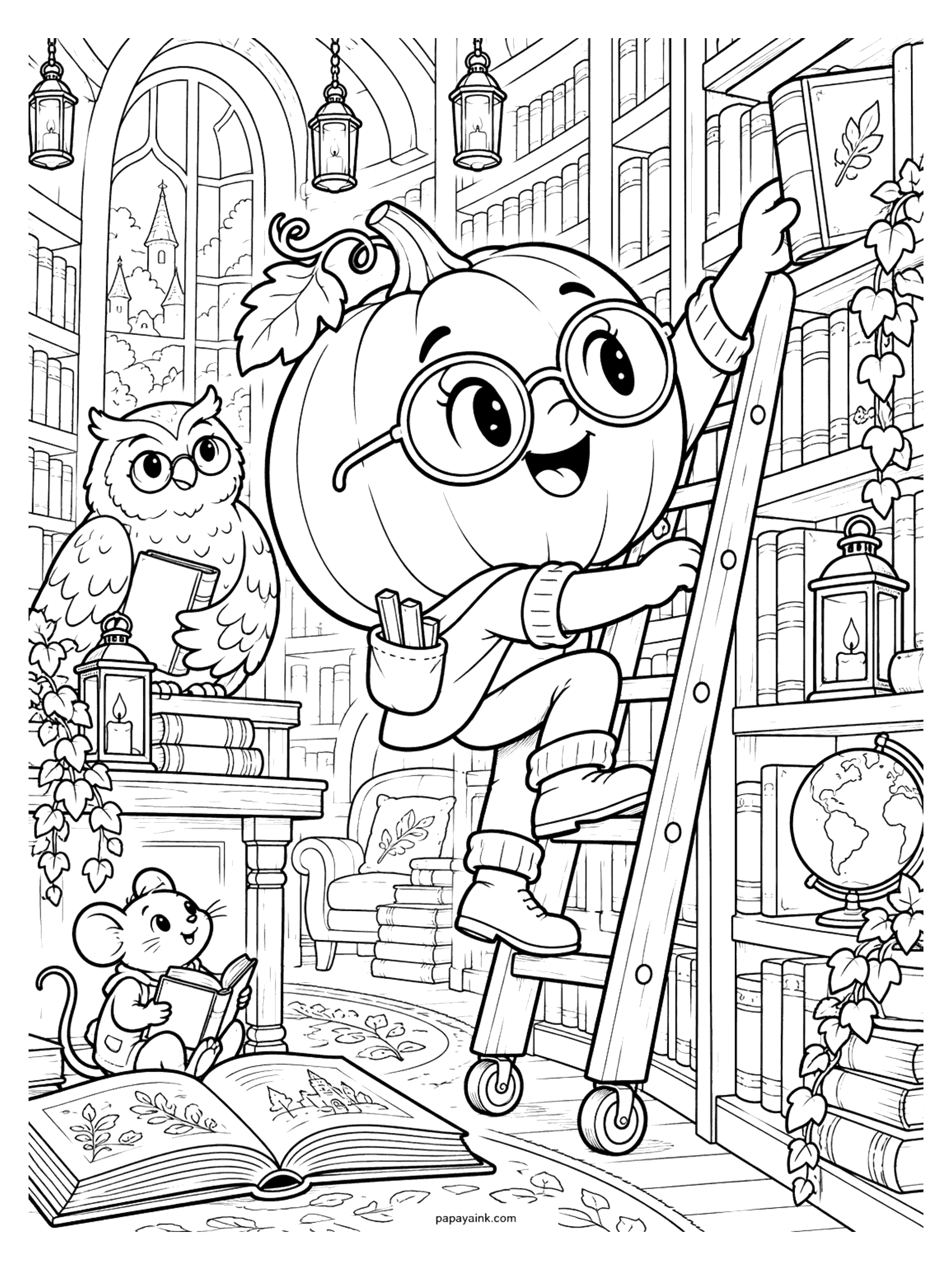 Pumpkin Coloring Pages - A pumpkin in round glasses climbs a rolling ladder to reach a book in a lantern-lit library while an owl holds a volume at the desk and a mouse reads on the floor. Detailed.