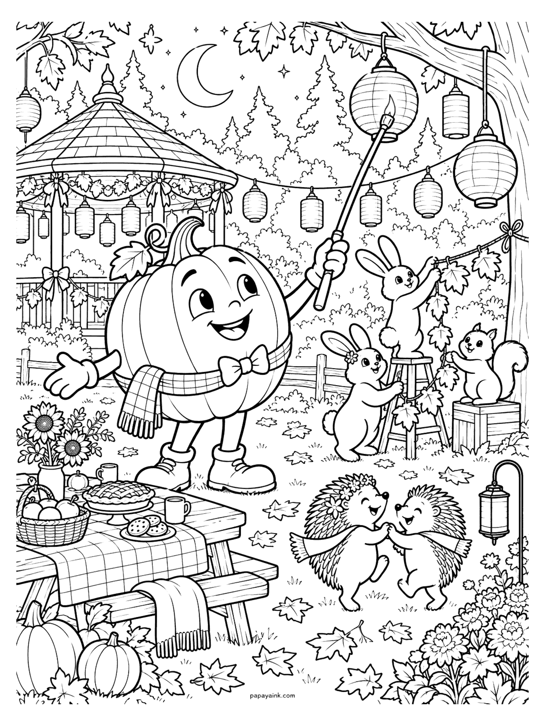 Pumpkin Coloring Pages - A pumpkin in a plaid scarf lights paper lanterns under a crescent moon while bunnies and a squirrel hang a leaf garland, two hedgehogs dance, and a picnic table waits with pie and cookies. Detailed.