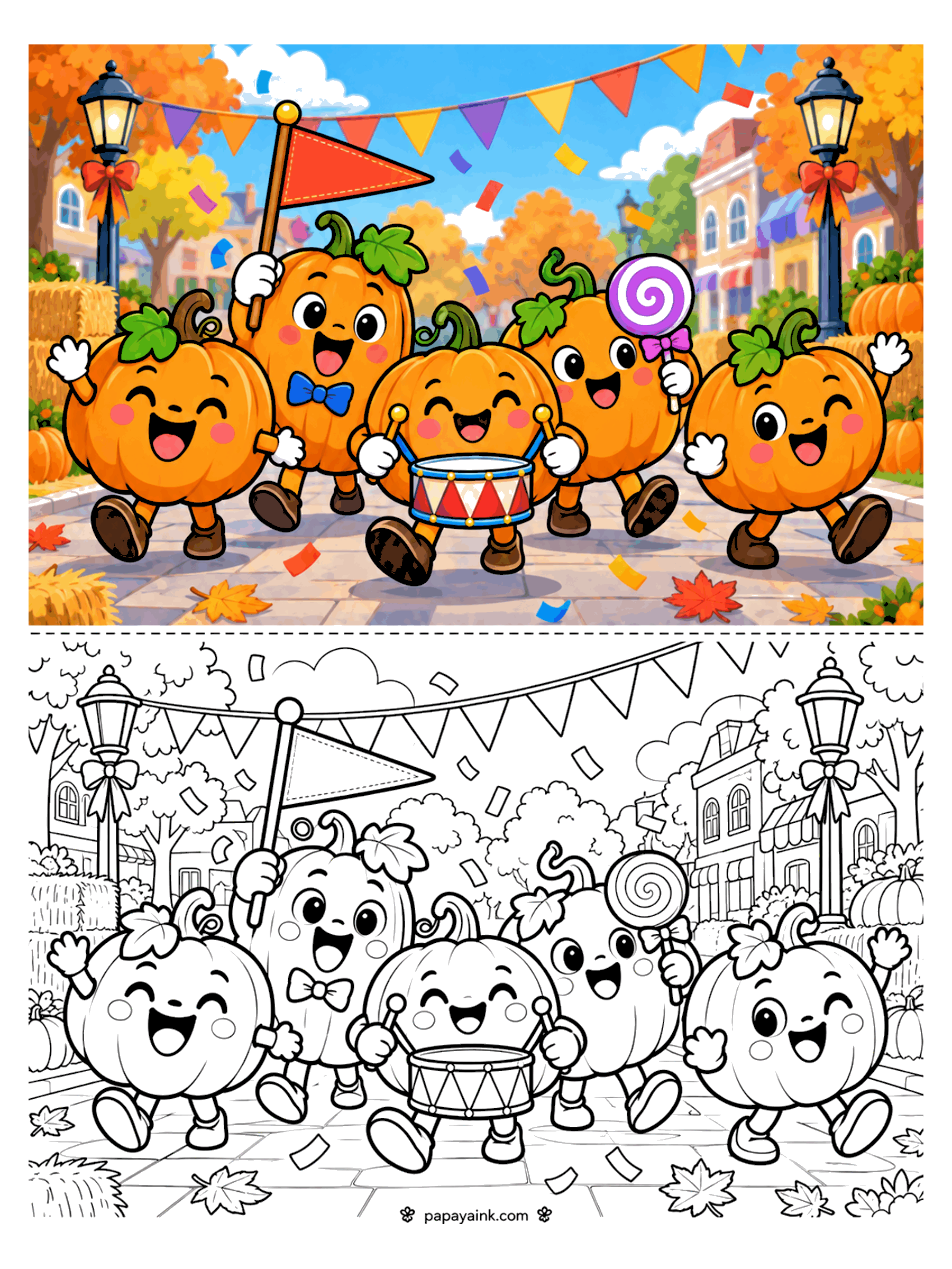 Pumpkin Coloring Pages - Five pumpkin characters march down a town street with a drum, a flag, a lollipop, and a bow tie under bunting and confetti.