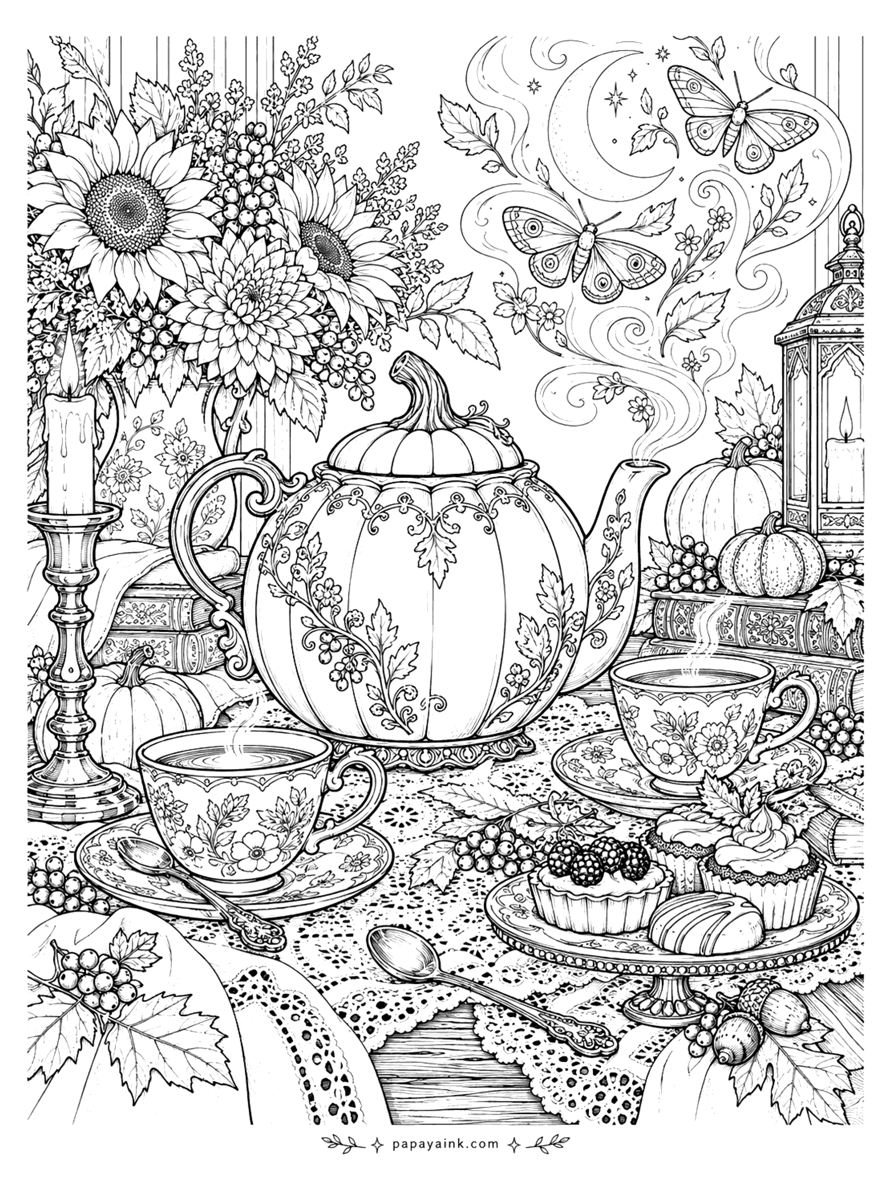 Halloween Coloring Pages for Adults - Pumpkin-shaped teapot with floral teacups, cupcakes, sunflowers, a lantern, and moths rising in the steam over a lace tablecloth (Detailed)