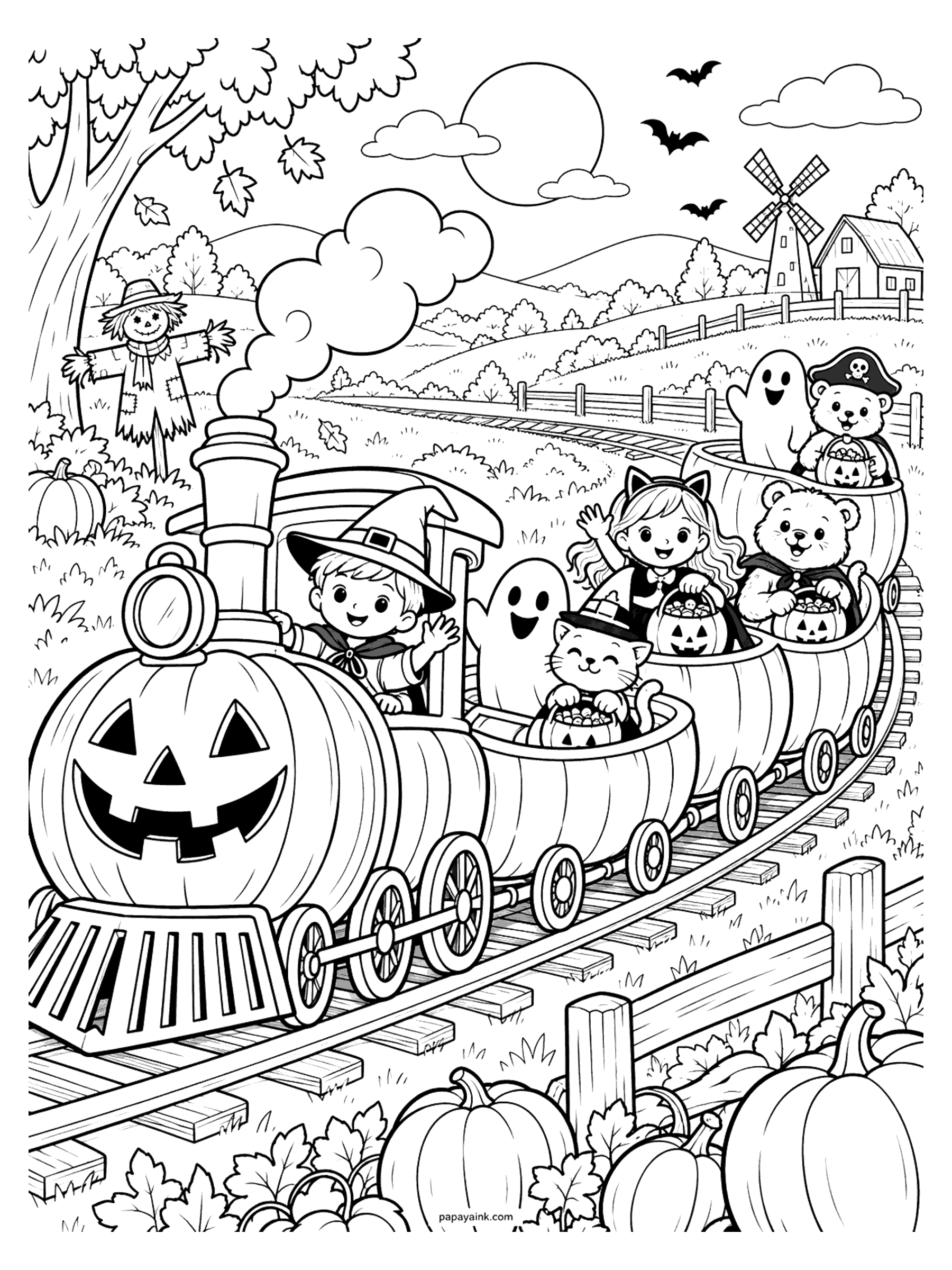 Halloween Coloring Pages - A jack-o-lantern locomotive puffs along the tracks with a boy wizard, ghosts, a cat, a girl in cat ears and costumed teddy bears riding in pumpkin cars past a scarecrow and a windmill.