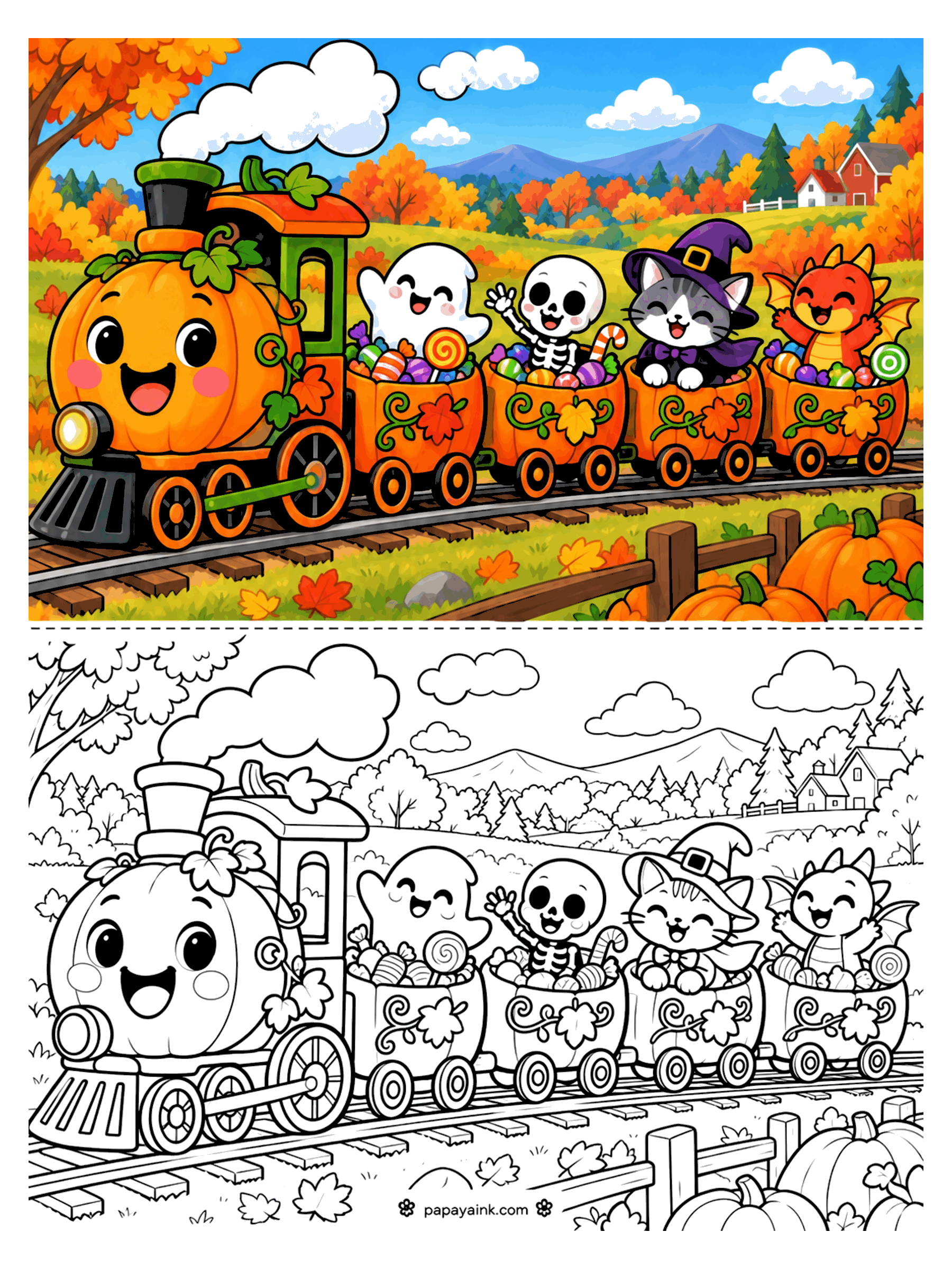 Pumpkin Coloring Pages - A pumpkin locomotive pulls cars full of candy carrying a ghost, a skeleton, a cat in a witch hat, and a little dragon through fall countryside. Detailed.