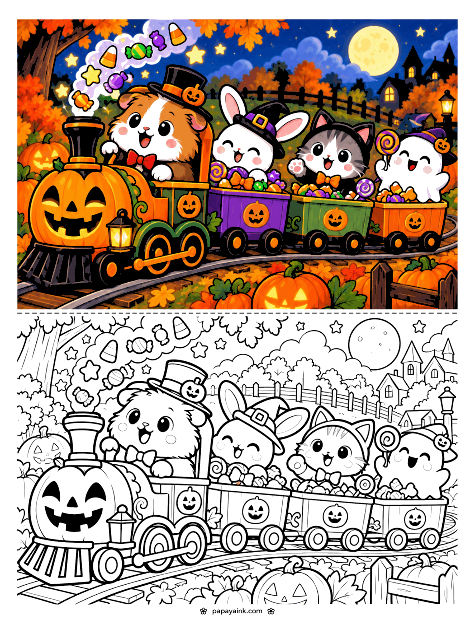 Easy Cute Halloween Coloring Pages - Pumpkin train ride with a hamster driver, bunny, kitten and ghost full of candy (Detailed)