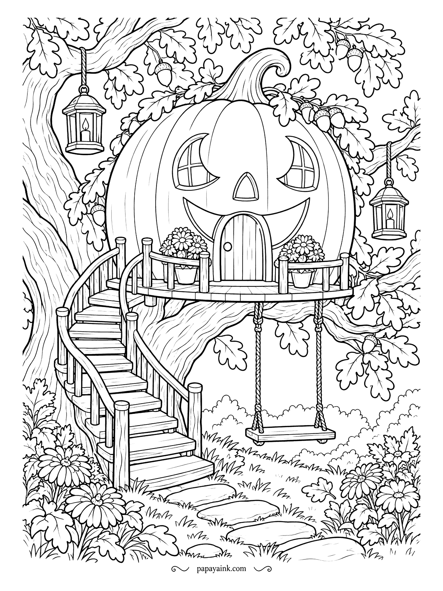 Pumpkin Coloring Pages - High in an old oak, a pumpkin has been turned into a treehouse with a front door, crescent windows and a flower-box balcony. A spiral staircase winds up the trunk and a swing hangs below. Storybook detail all over.