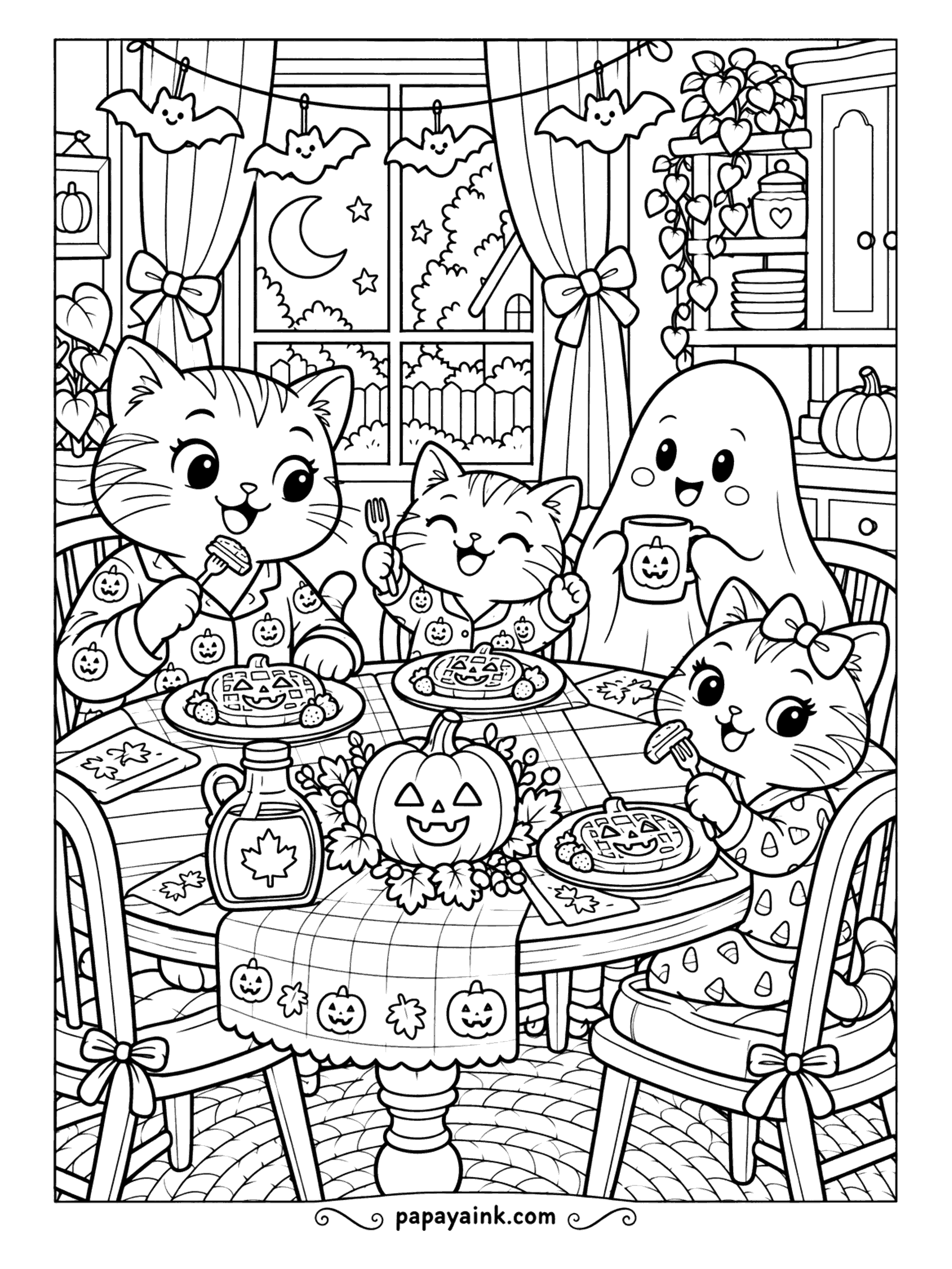 Halloween Cat Coloring Pages - Pumpkin waffles for breakfast, in matching pumpkin pajamas. Two kittens dig in, the ghost holds a mug and the bow kitten saws at her waffle, with a syrup bottle and a jack-o-lantern centerpiece on the checked tablecloth. Bats on strings above the window.