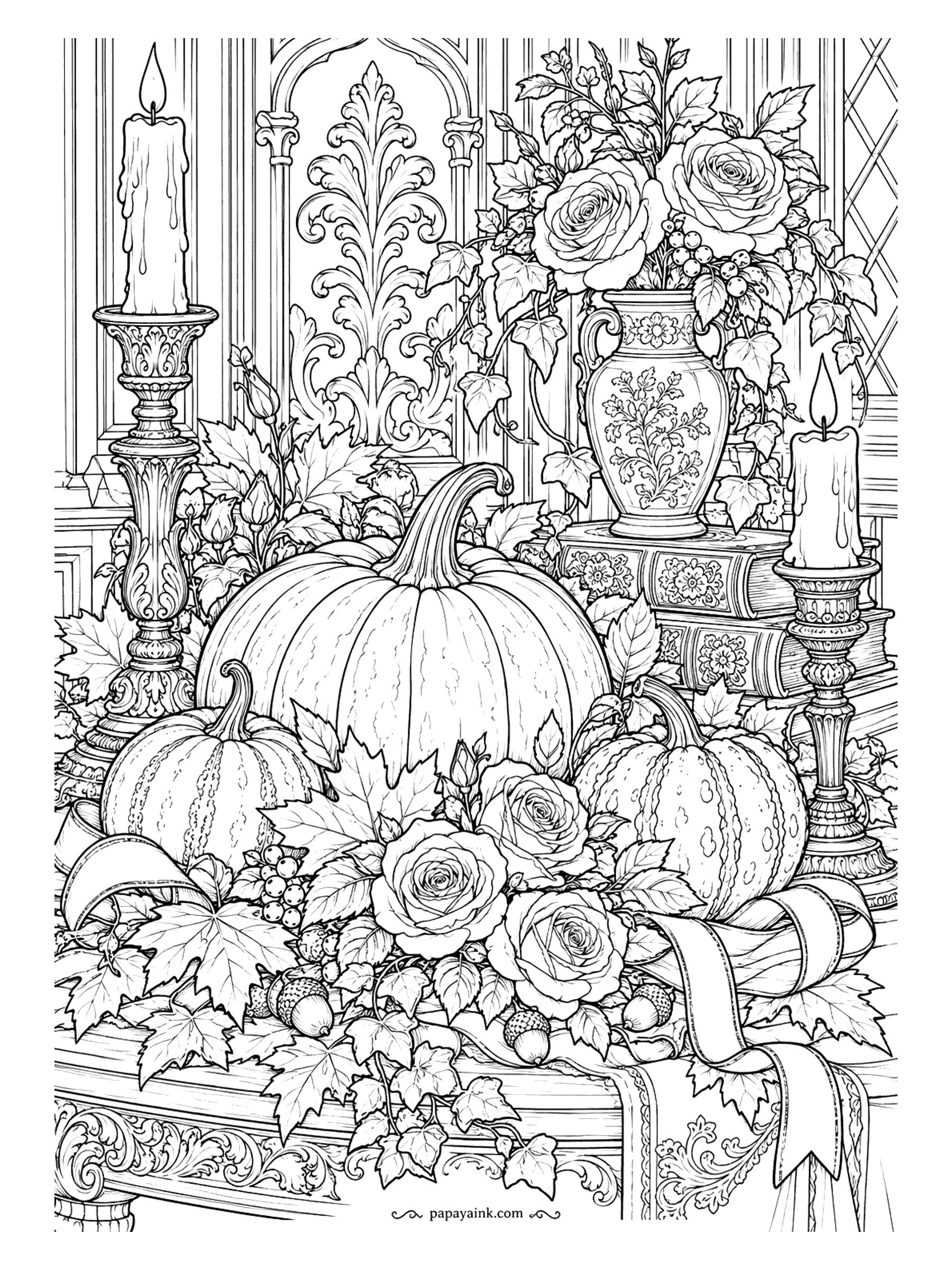 Halloween Coloring Pages for Adults - Roses in a painted vase, a stack of old books, pillar candles and a heap of pumpkins and gourds on a mantel, with ribbon trailing down the front. Dutch still-life mood without a single skull. Try cream pumpkins against deep red roses.
