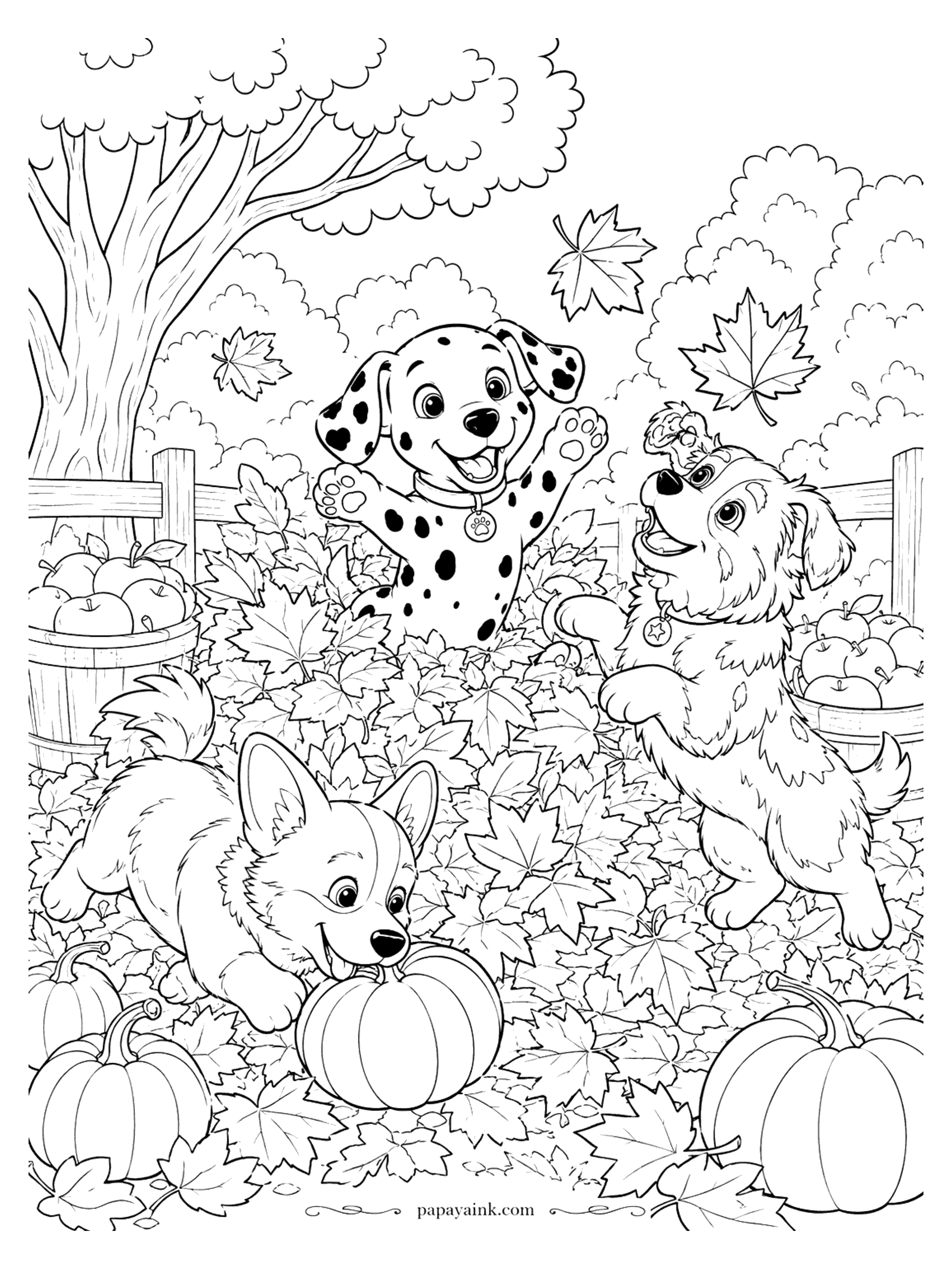 Puppy Coloring Pages - Fall Puppy Coloring Page: Dalmatian, Corgi and Terrier in a Leaf Pile (Detailed)