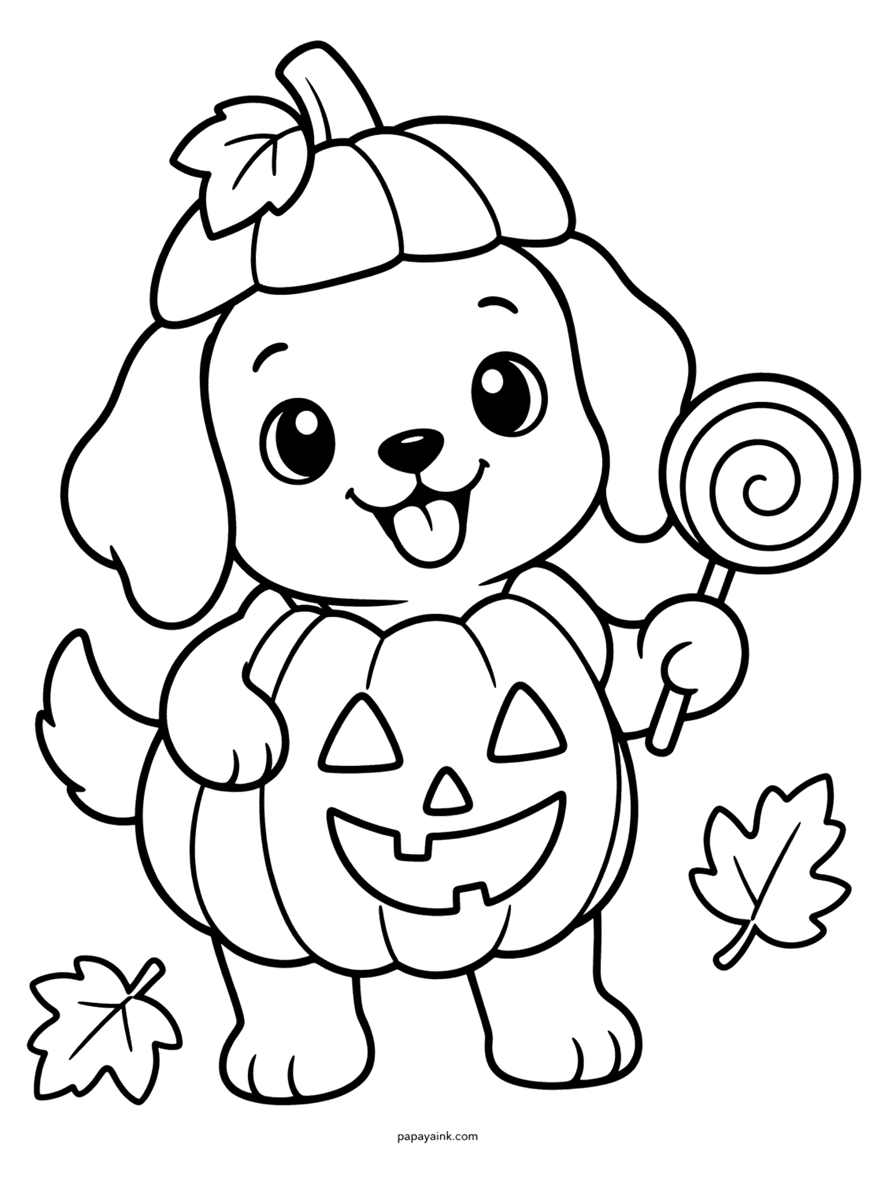 Easy Cute Halloween Coloring Pages - Happy puppy dressed in a jack-o-lantern costume with a pumpkin cap, holding a lollipop among autumn leaves